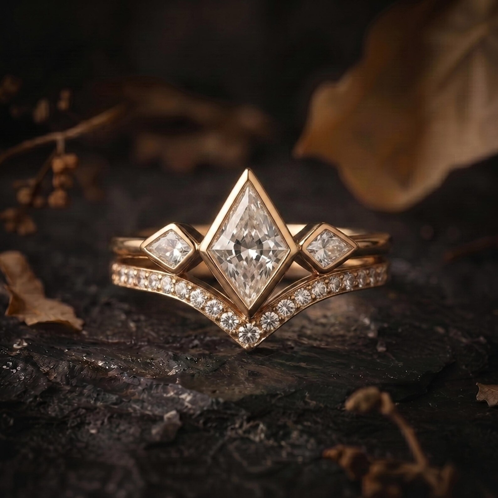 Vintage Kite Cut Moissanite Engagement Ring Set 14k Yellow Gold Bridal Ring Set Diamond Cluster Wedding Stacking Band Promise ring set Gift