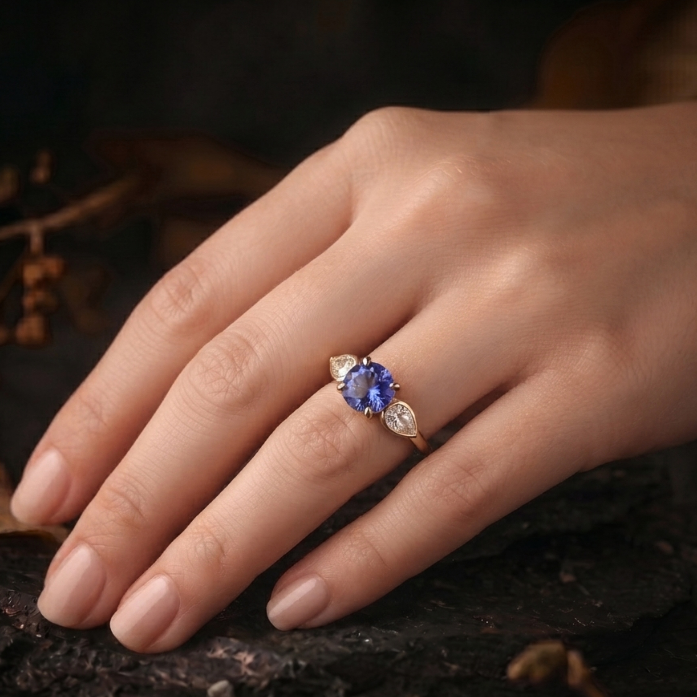 Unique Round Cut Tanzanite Engagement Ring, Pear Cut Tanzanite Moissanite Solitaire Wedding Ring, Vintage Inspired Birthstone Ring December