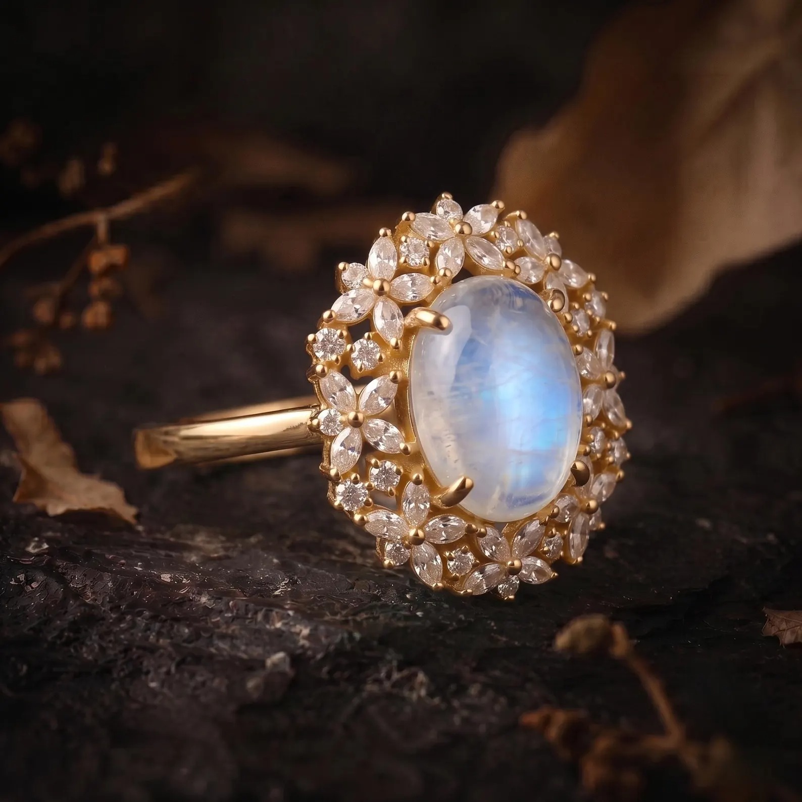 Unique Marquise Cut Flower Moissanite Engagement Ring, 14k Gold Blue Moonstone Floral Twist Promise Ring for Women Oval Nature Inspired Ring