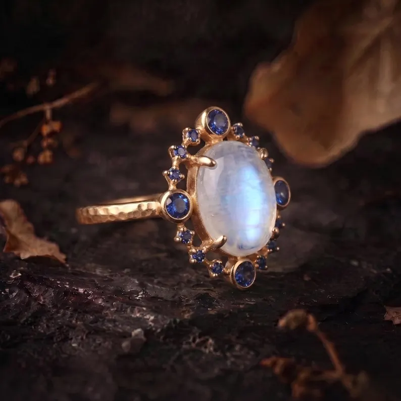 Vintage Oval Cut Moonstone Sapphire Engagement Ring, September Birthstone Jewelry, Promise Wedding Ring, Anniversary Birthday Gifts For Her
