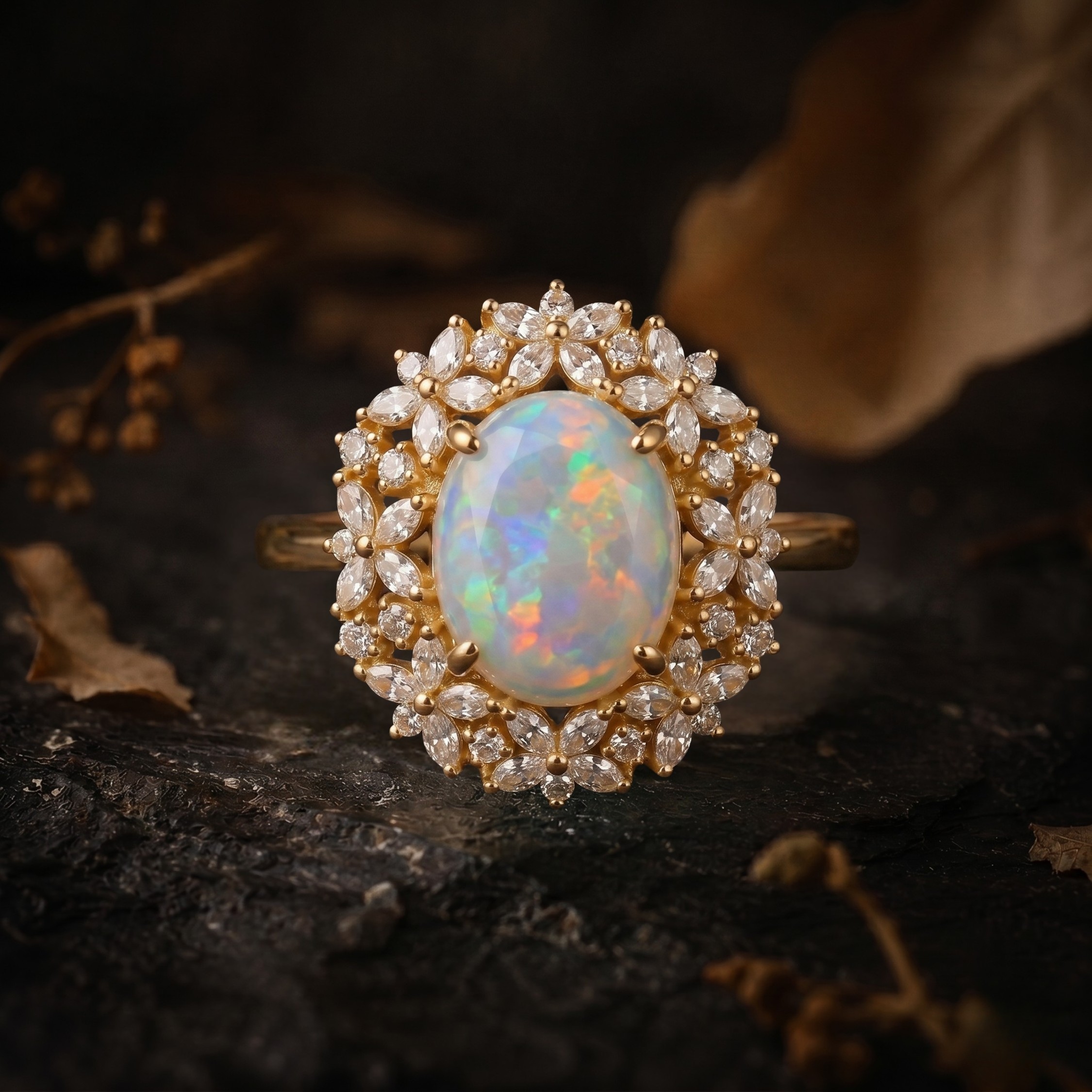 Unique Marquise Cut Flower Moissanite Engagement Ring, 14k Gold Blue Moonstone Floral Twist Promise Ring for Women Oval Nature Inspired Ring