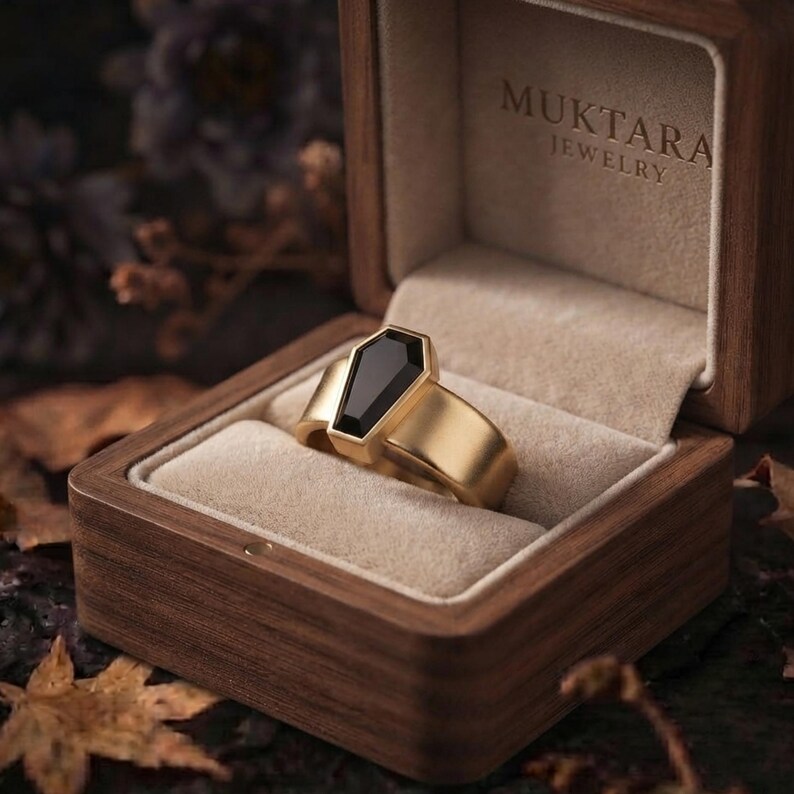 Vintage Art Deco Coffin Cut Black Onyx Engagement Ring, Unique Promise Statement Wedding Jewelry, Black Gemstone Wide Band Anniversary Gift