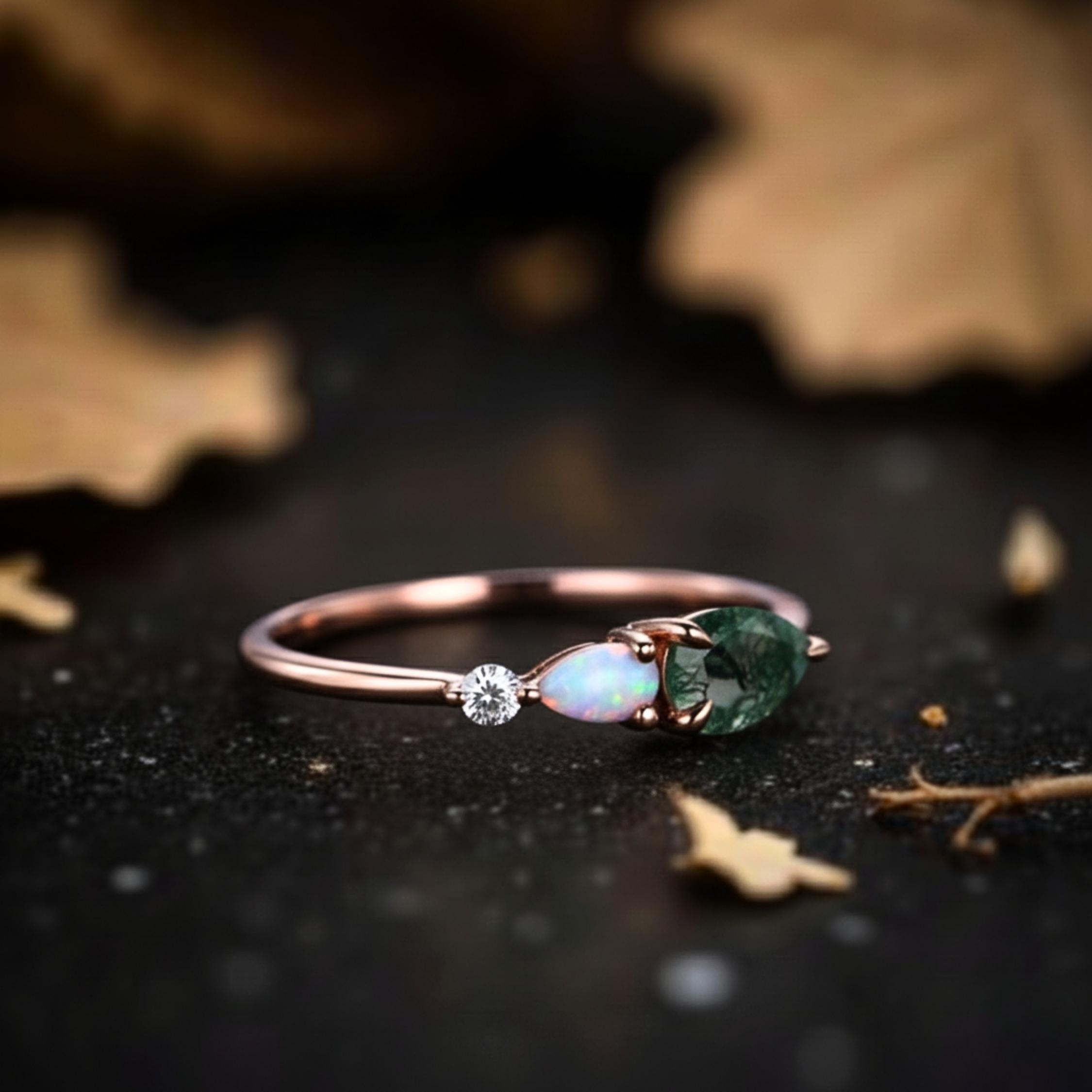 Vintage Pear Cut Moss Agate Opal Engagement Ring Art Deco Moissanite Wedding Band 3 Stone Ring Unique Women Bridal Promise Ring Gift For Her