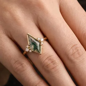 Unique Kite Cut Green Moss Agate Engagement Ring, 14k Yellow Gold Moissanite Cluster Ring For Women Vintage Bridal Wedding Ring Gift For Her