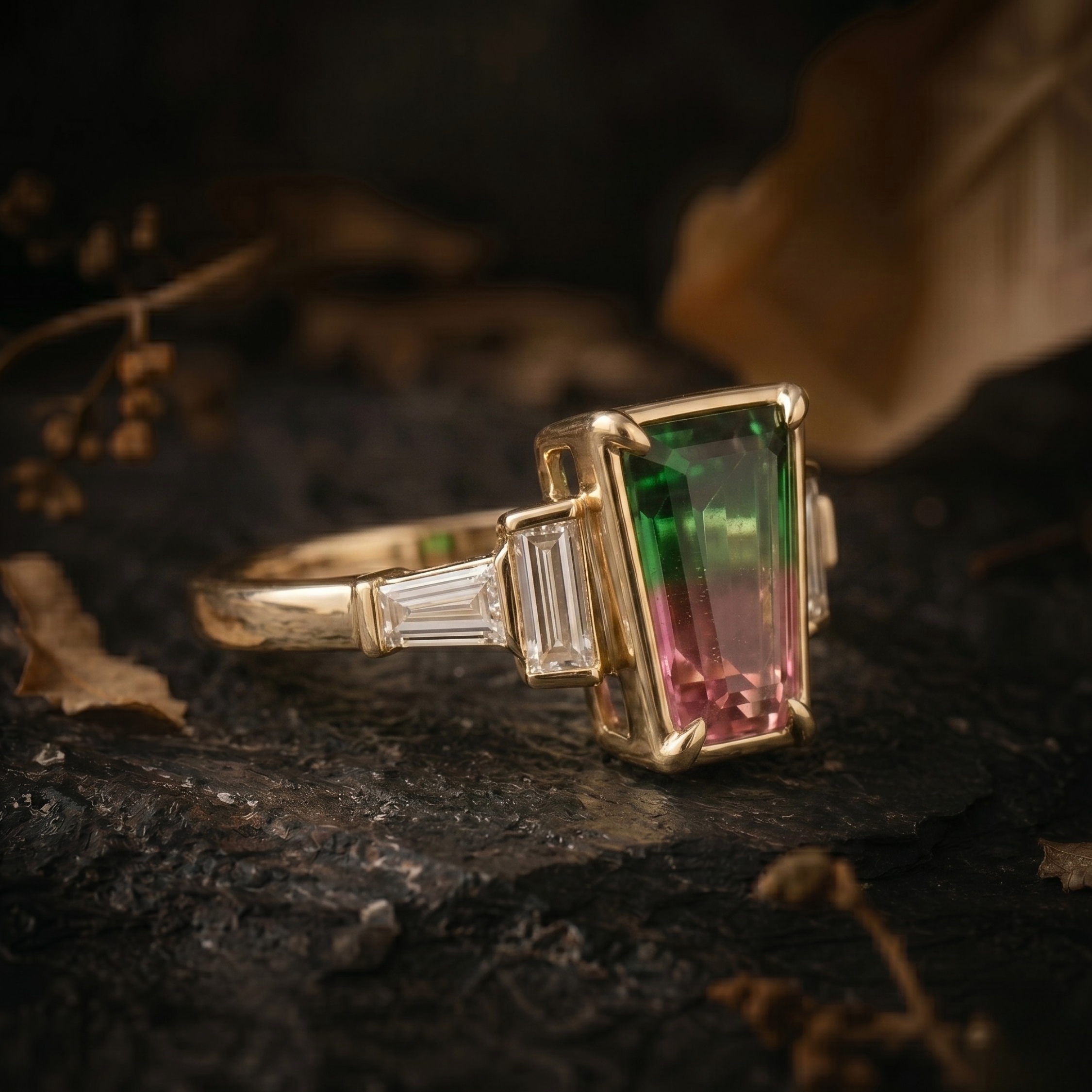 Vintage Watermelon Tourmaline Ring, Five Stone Engagement Ring, Pink & Green Gemstone Ring, Baguette Cut Moissanite Anniversary Bridal Gift