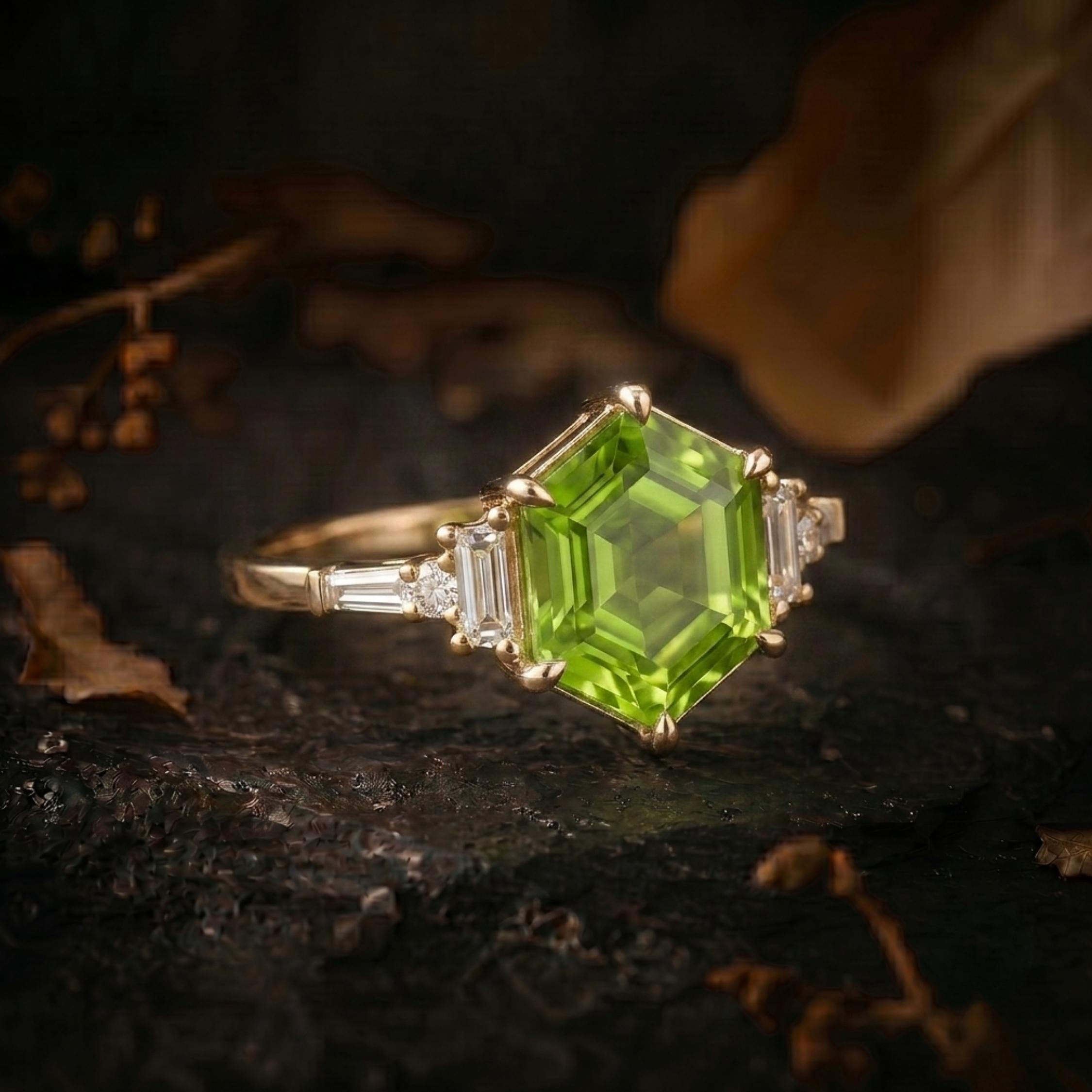 Hexagon Cut Peridot Moissanite Solitaire Engagement Ring, Moissanite Wedding Band, August Birthstone 14k Gold Art Deco Green Gemstone Gift