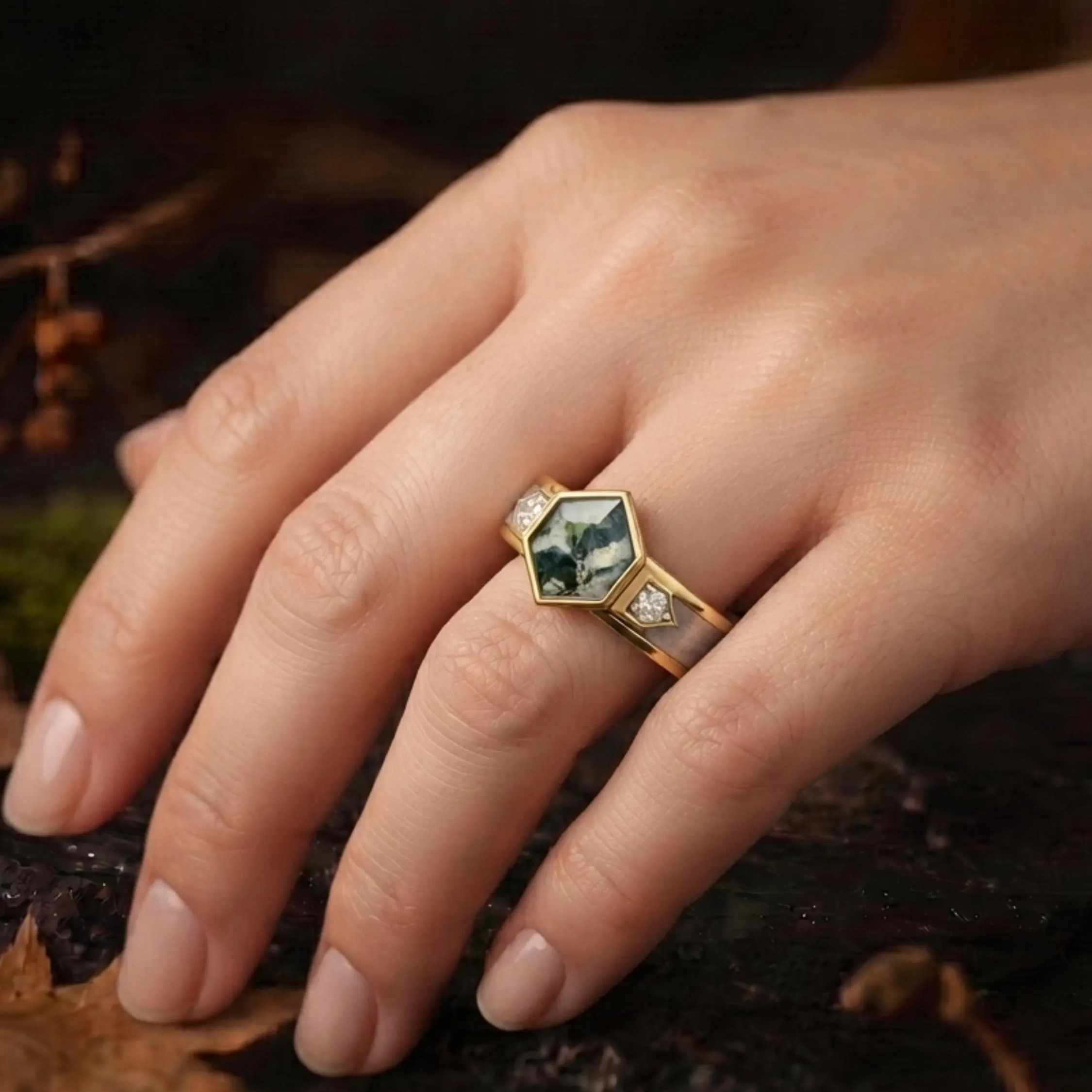 Unique Vintage Bezel Setting Moss Agate Ring, Solid Gold Silver Wedding Wide Band Ring, Hexagon Cut Green Agate Men Gold Ring, Gift For Him