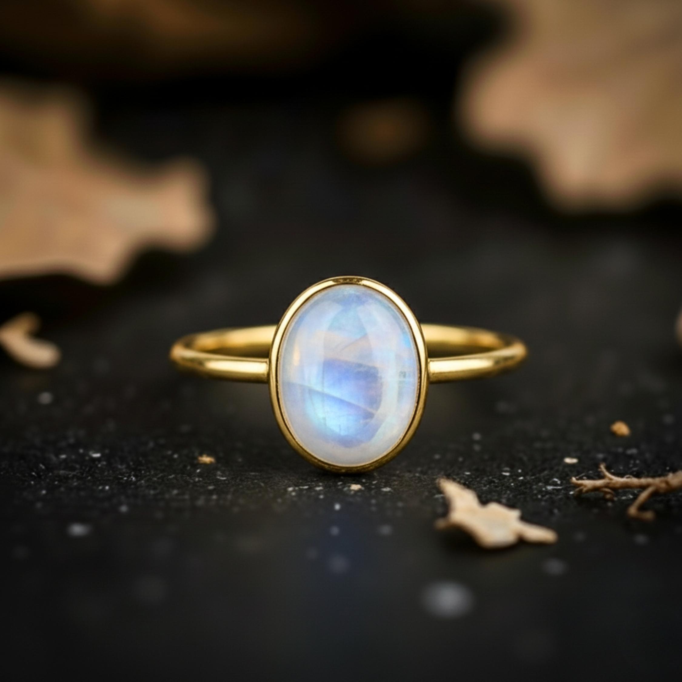 Oval Cut Moonstone Engagement Ring, 14k Gold June Birthstone Ring, Rainbow Moonstone Bridal Jewelry, Minimalist Dainty Ring Anniversary Gift