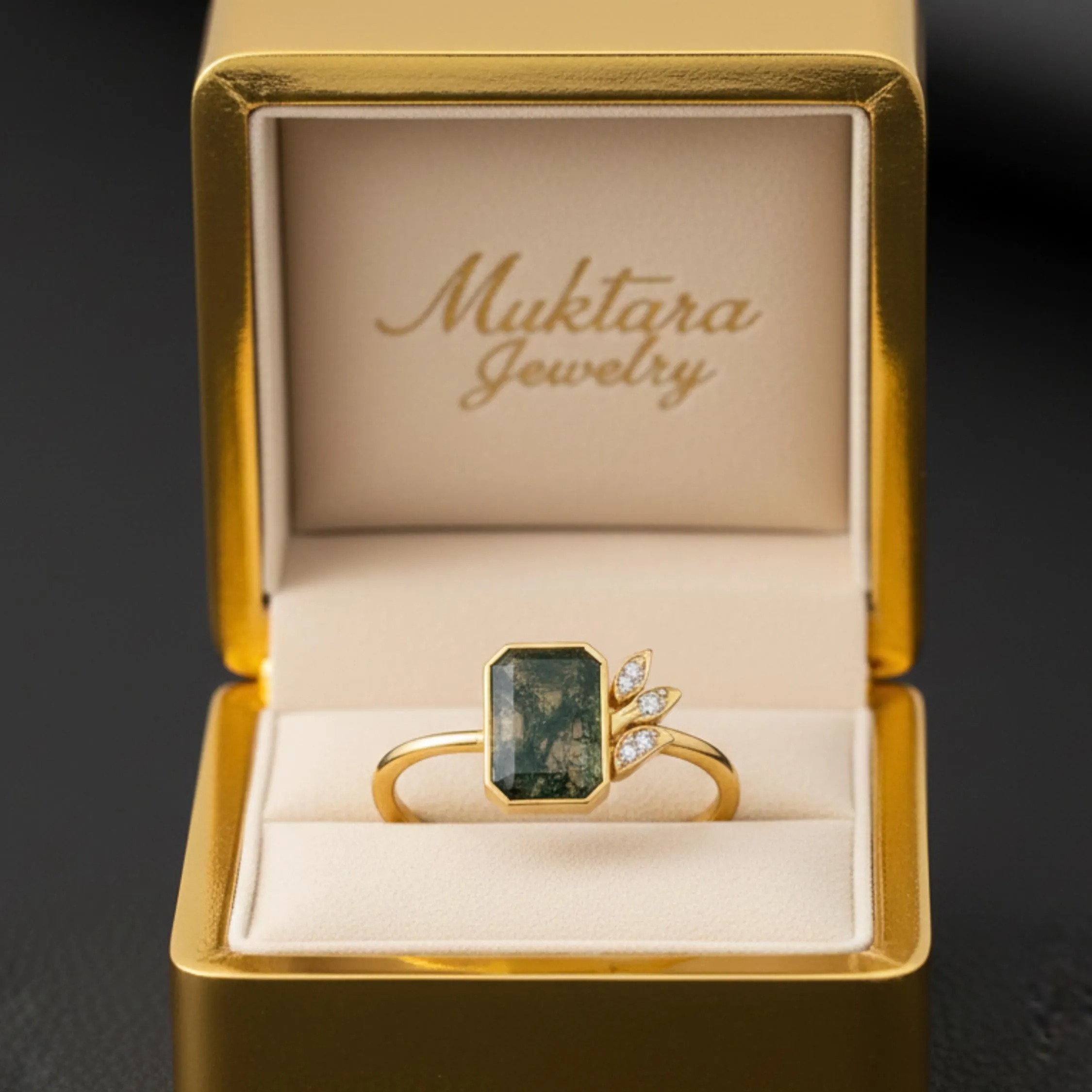 Natural Emerald Cut Moss Agate Engagement Ring, Green Gemstone Delicate Stacking Ring, Moissanite Promise Ring for Women By Muktara Jewelry