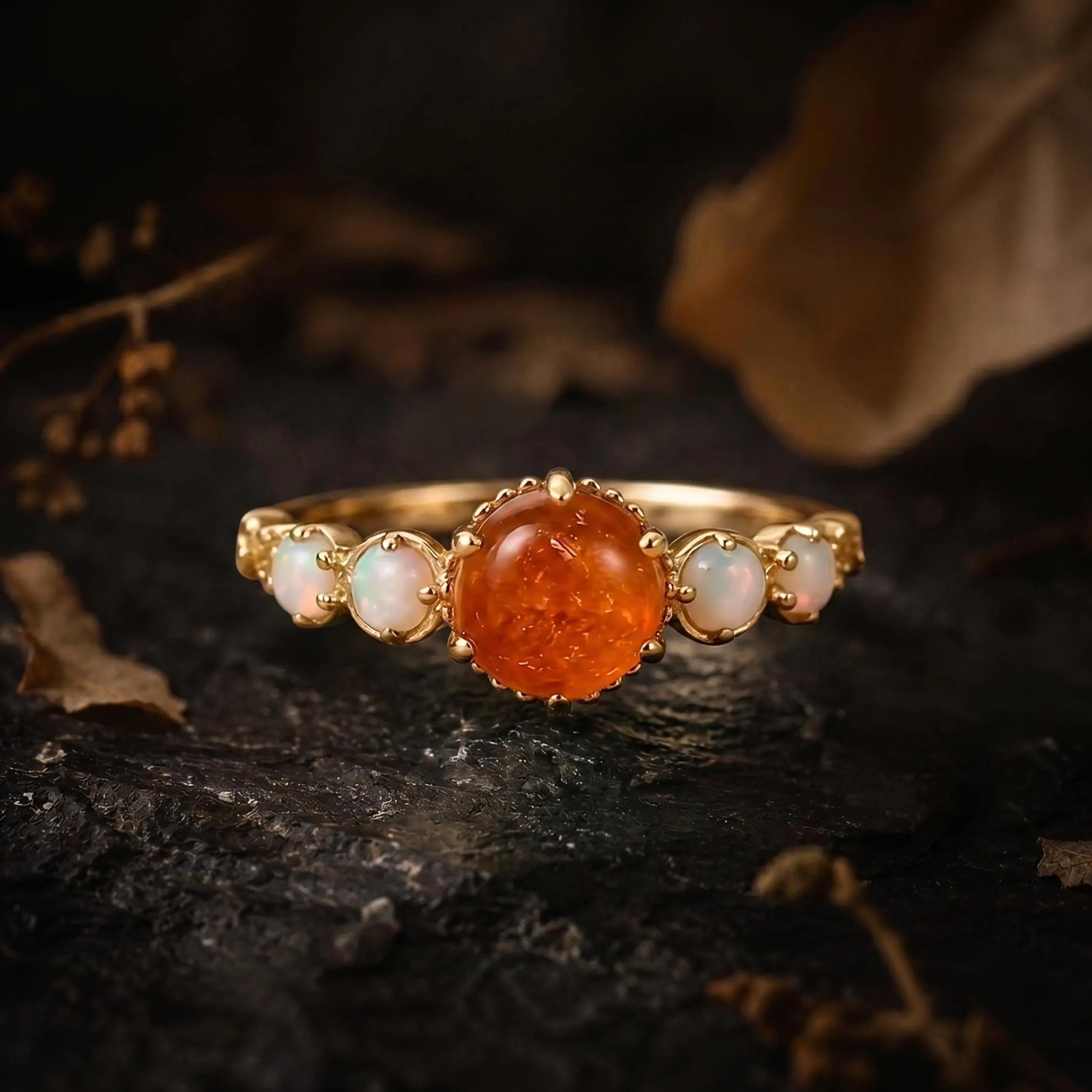 Vintage Sunstone Opal Engagement Gold Ring/Orange Gemstone Boho Statement Jewelry/June Birthstone Gift Spring Summer Trend Mother’s Day Sale