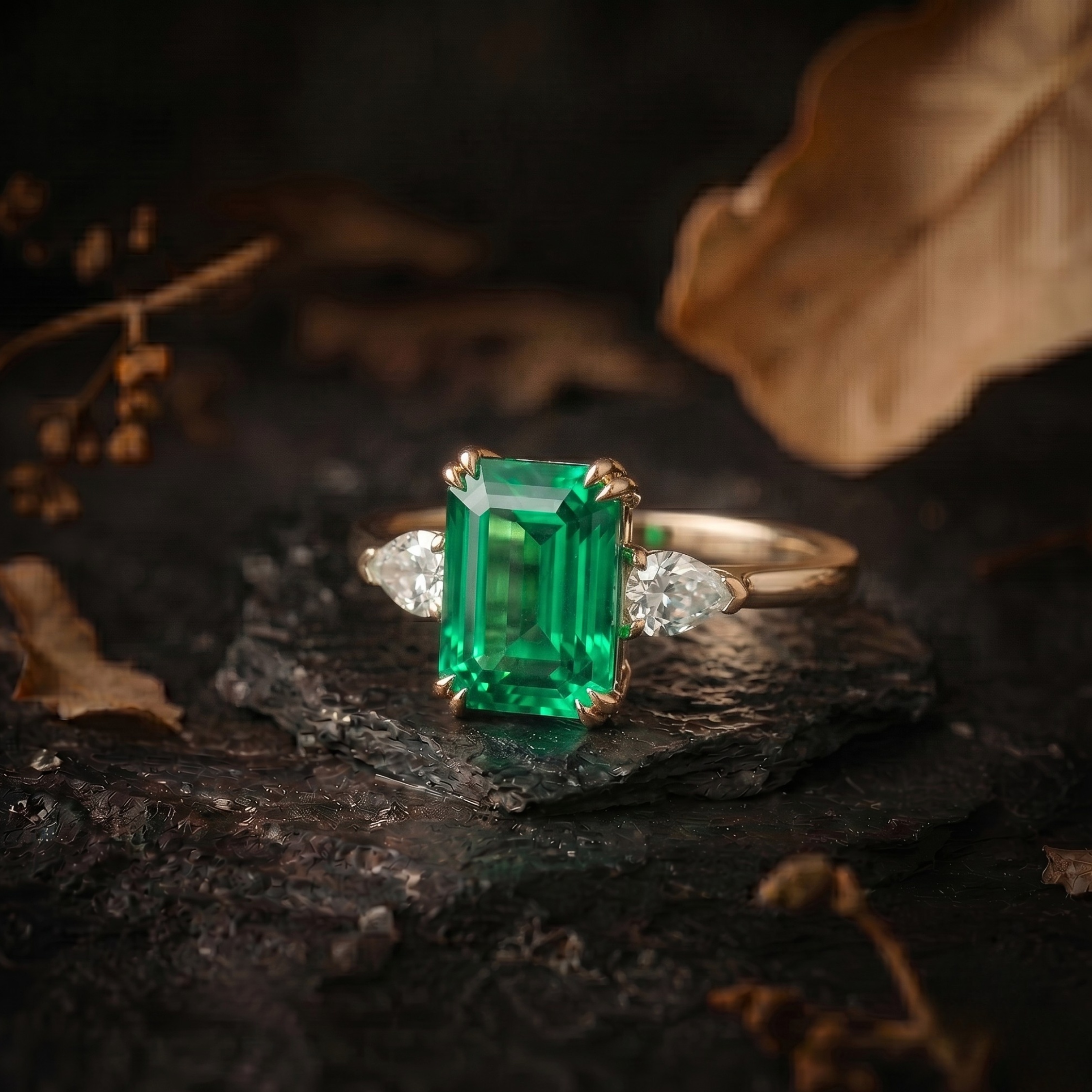 Emerald Cut Emerald Engagement Ring, May Birthstone Jewelry, 14k Gold Moissanite 3 Stone Promise Wedding Jewelry, Anniversary Birthday Gift