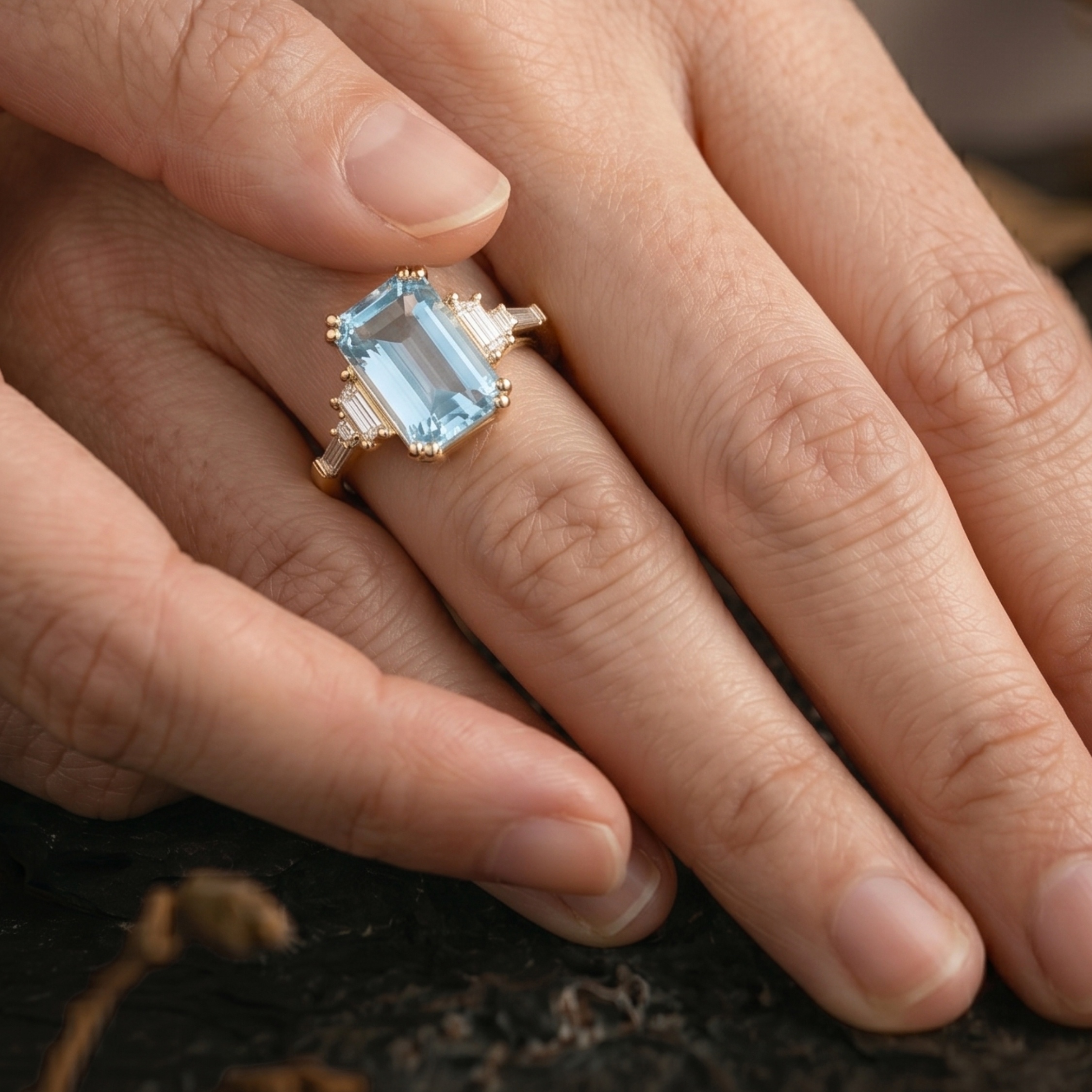 Vintage Emerald Cut Aquamarine Engagement Ring, 14k Gold Moissanite Ring, Unique March Birthstone Jewelry, Anniversary Birthday gift for her