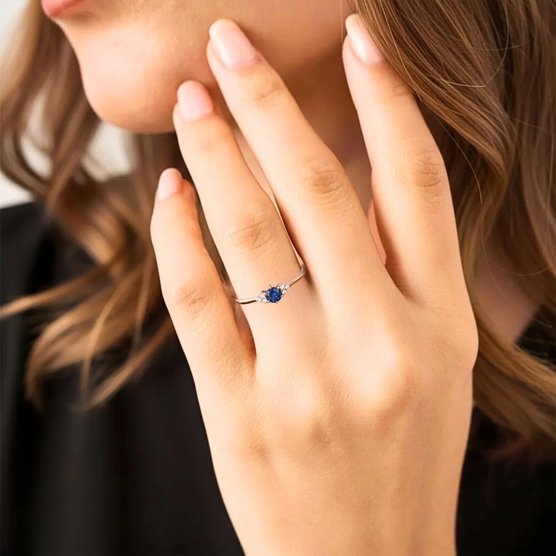 14k Rose Gold Sapphire Engagement Ring, Dainty Blue Gemstone with Moissanite Minimalist Anniversary Gift for Women, September Birthstone