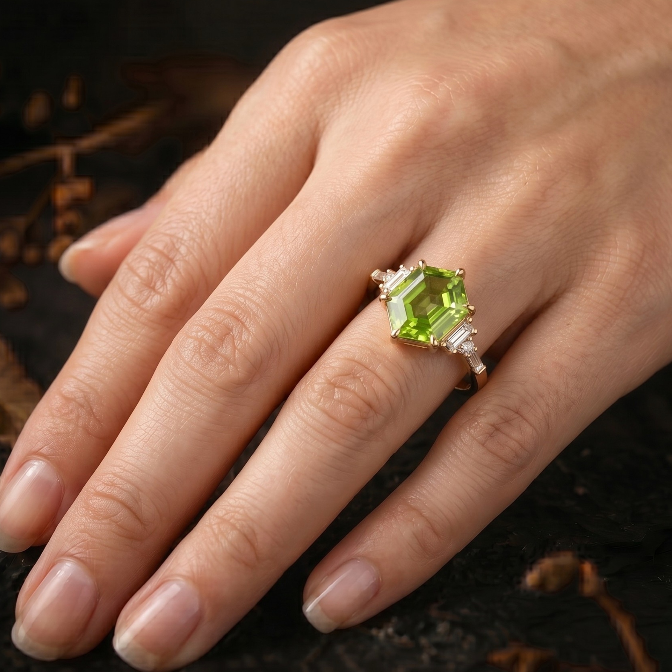 Hexagon Cut Peridot Moissanite Solitaire Engagement Ring, Moissanite Wedding Band, August Birthstone 14k Gold Art Deco Green Gemstone Gift