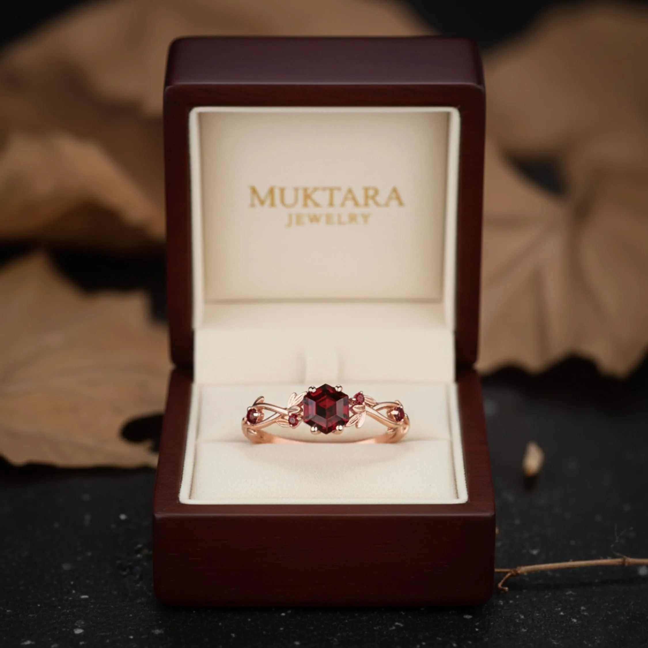 Hexagon Cut Garnet Engagement Ring, Nature Inspired Unique Fairytale Gold Wedding Ring, Green Tree Leaf Branch Twist Ring, Anniversary Gift
