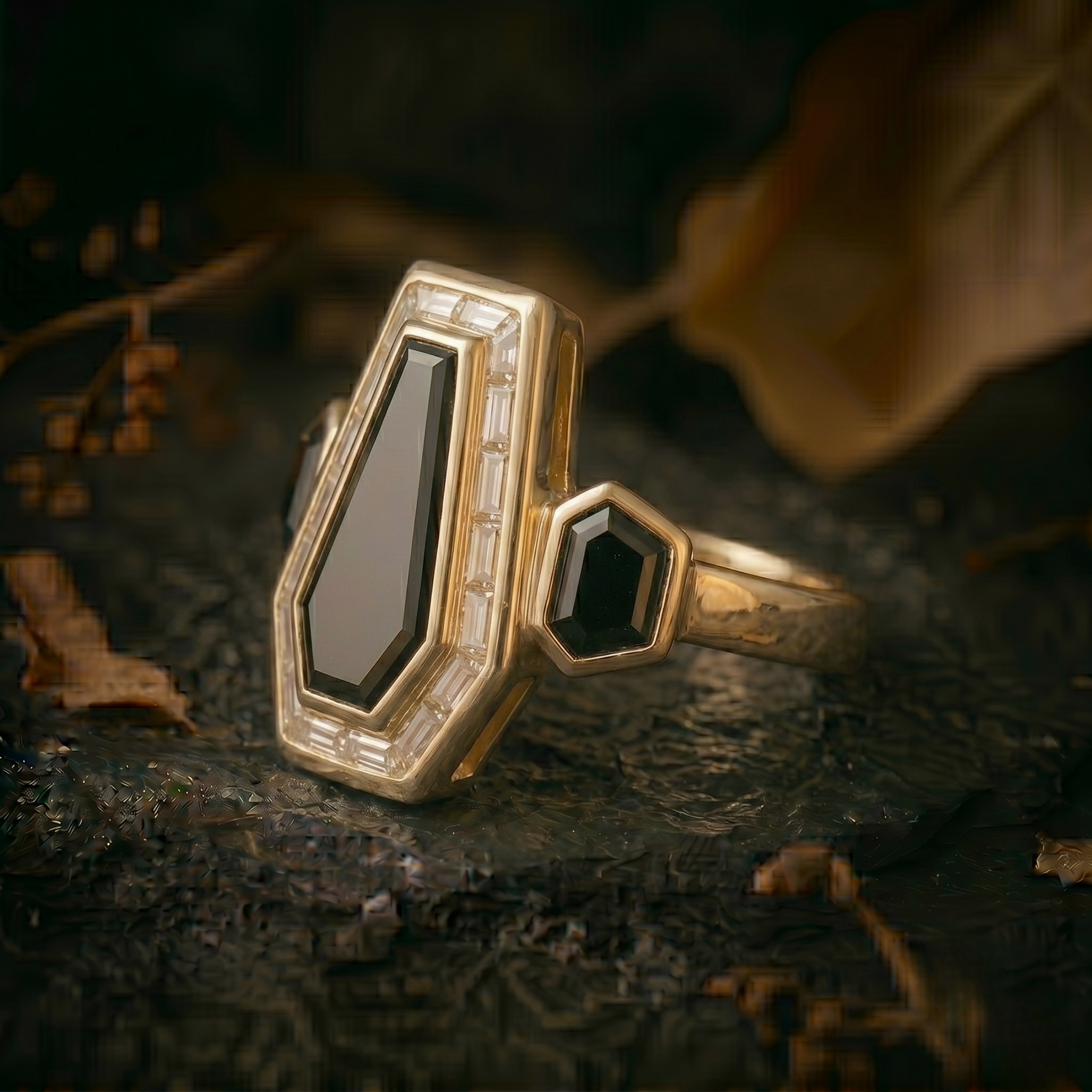 Vintage Art Deco Coffin Cut Black Onyx & Moissanite Cluster Ring, Unique Promise Statement Jewelry, 14K Gold Black Jewelry, Anniversary Gift
