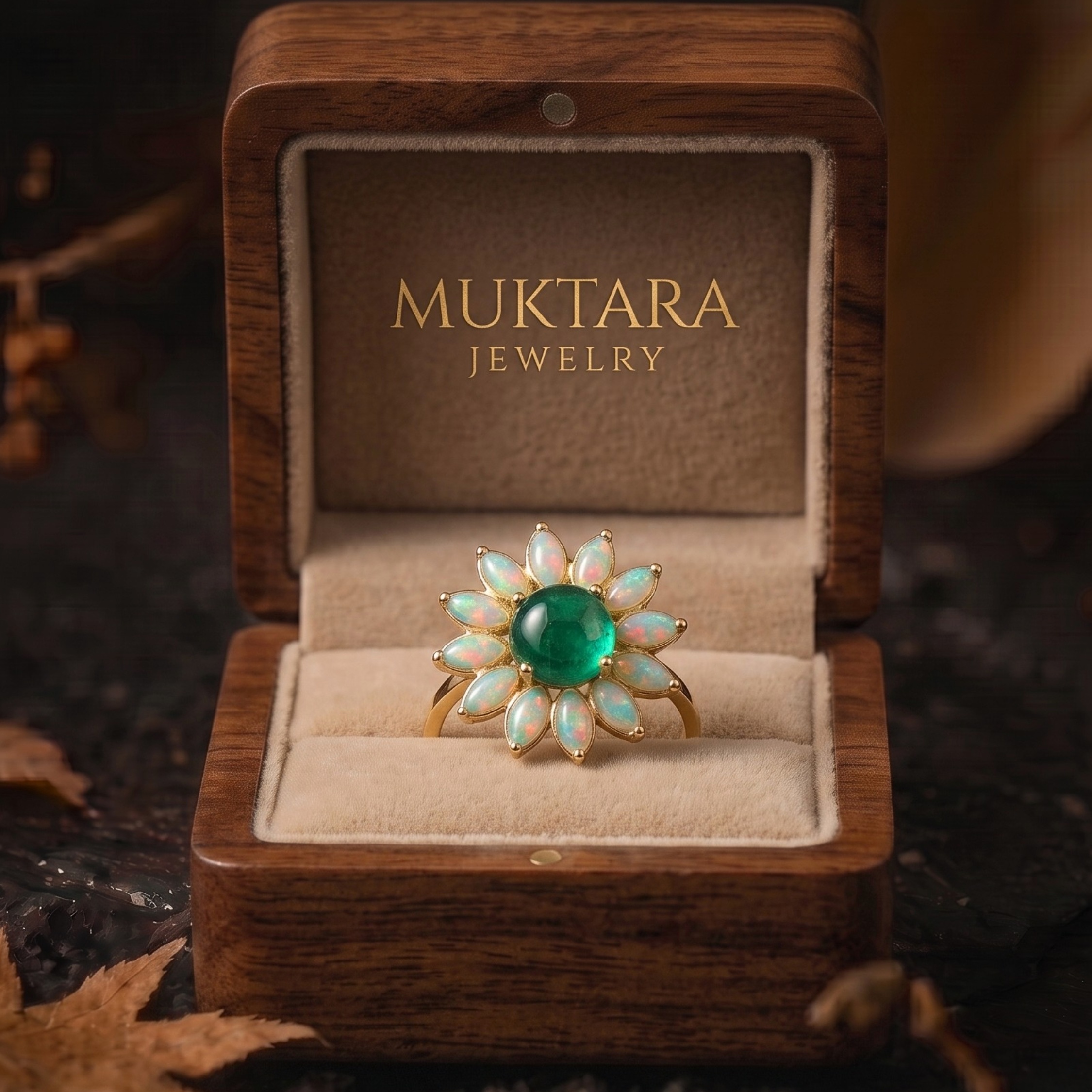 Vintage Garnet Opal Wedding Ring, Nature Inspired Floral Cluster Ring for Her October Birthstone Gift, 14K Gold Emerald Jewelry Gift For Her