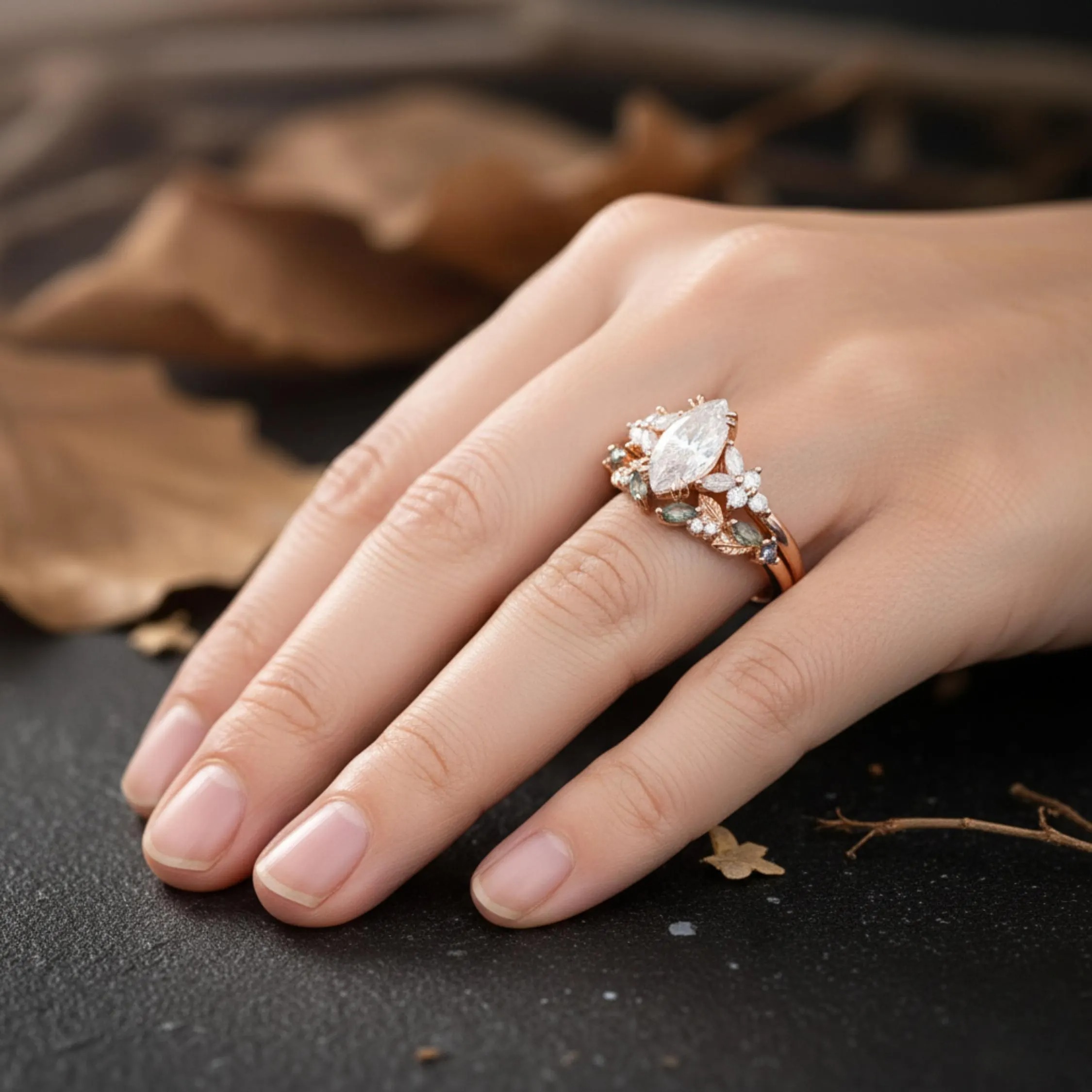 Marquise Cut Moissanite Engagement Ring Set 14k Rose Gold Bridal Ring Set Diamond Cluster Wedding Stacking Band Promise ring Gift For Her