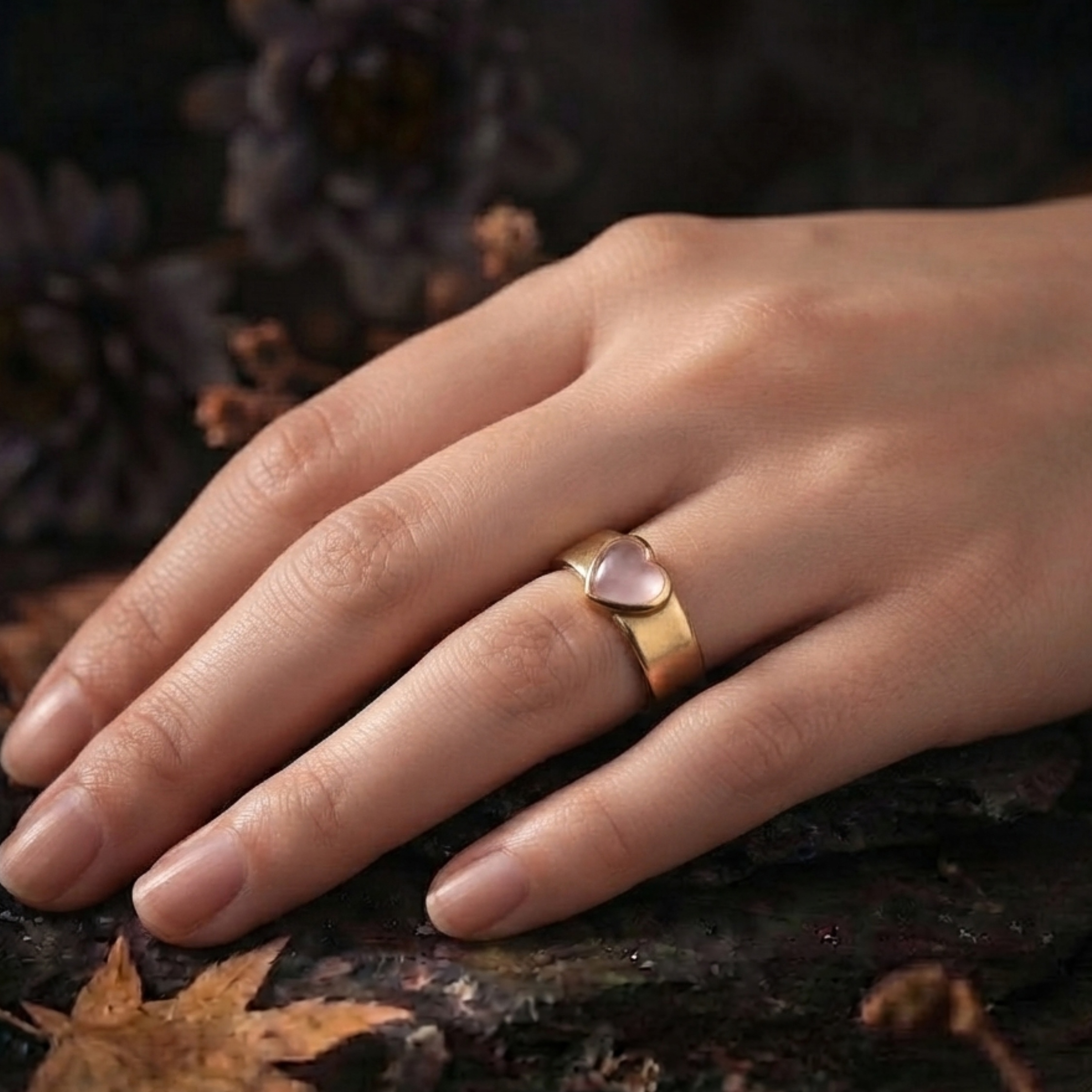 Unique Heart Shape Rose Quartz Engagement Ring/ 14k Yellow Gold Rose Quartz Crystal Boho Wide Band Jewelry/Anniversary Birthday Gift for Her