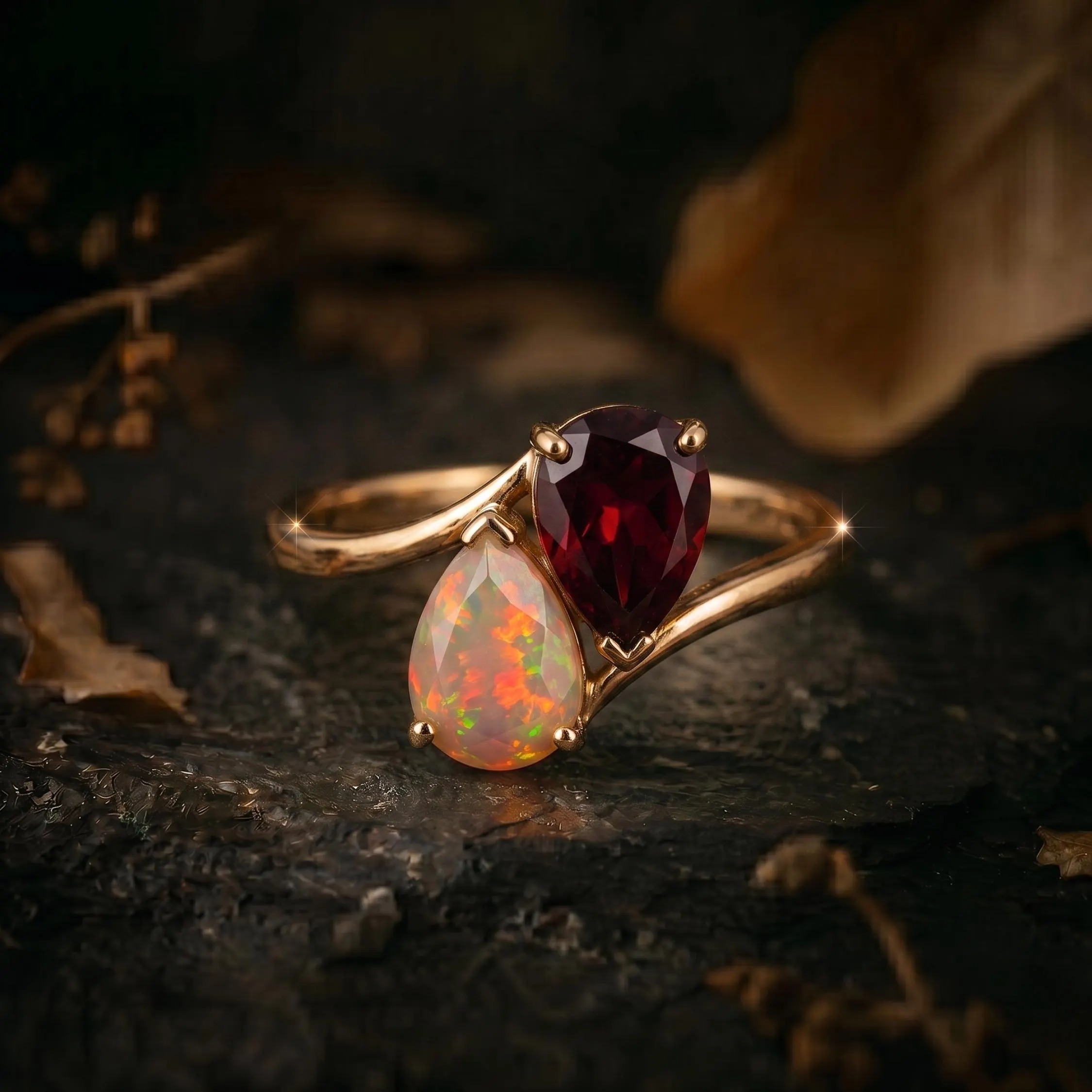 Unique Pear Cut Garnet and Opal Ring, 14k Yellow Gold Toi Et Moi Two Stone Ring, Vintage Opal Garnet Promise Statement Ring, Gift for Women