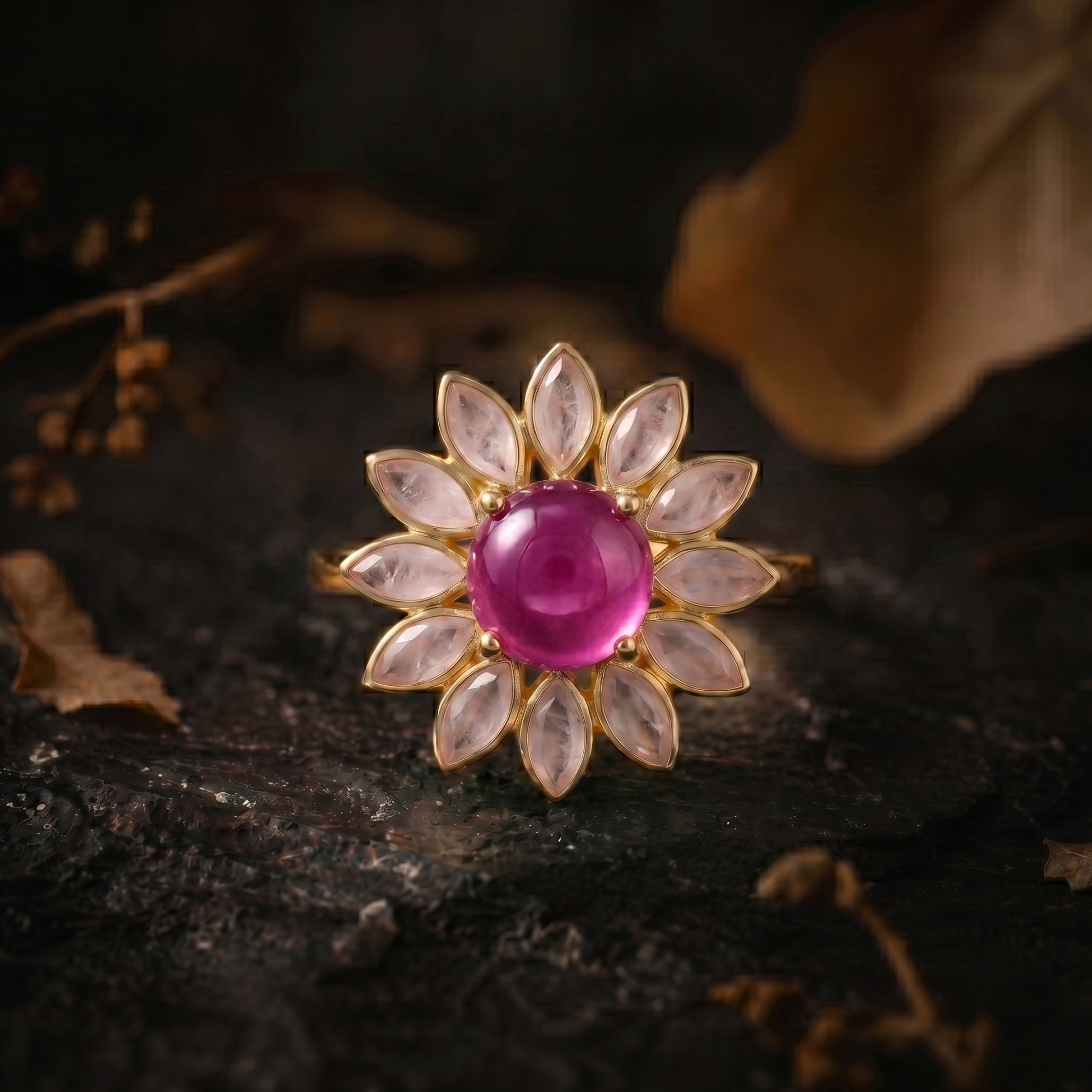 Natural Sapphire Quartz Flower Halo Ring/Pear Rose Quartz Engagement Ring/Handmade Art Deco Pink Sapphire Nature Inspired Fine Gift For Her