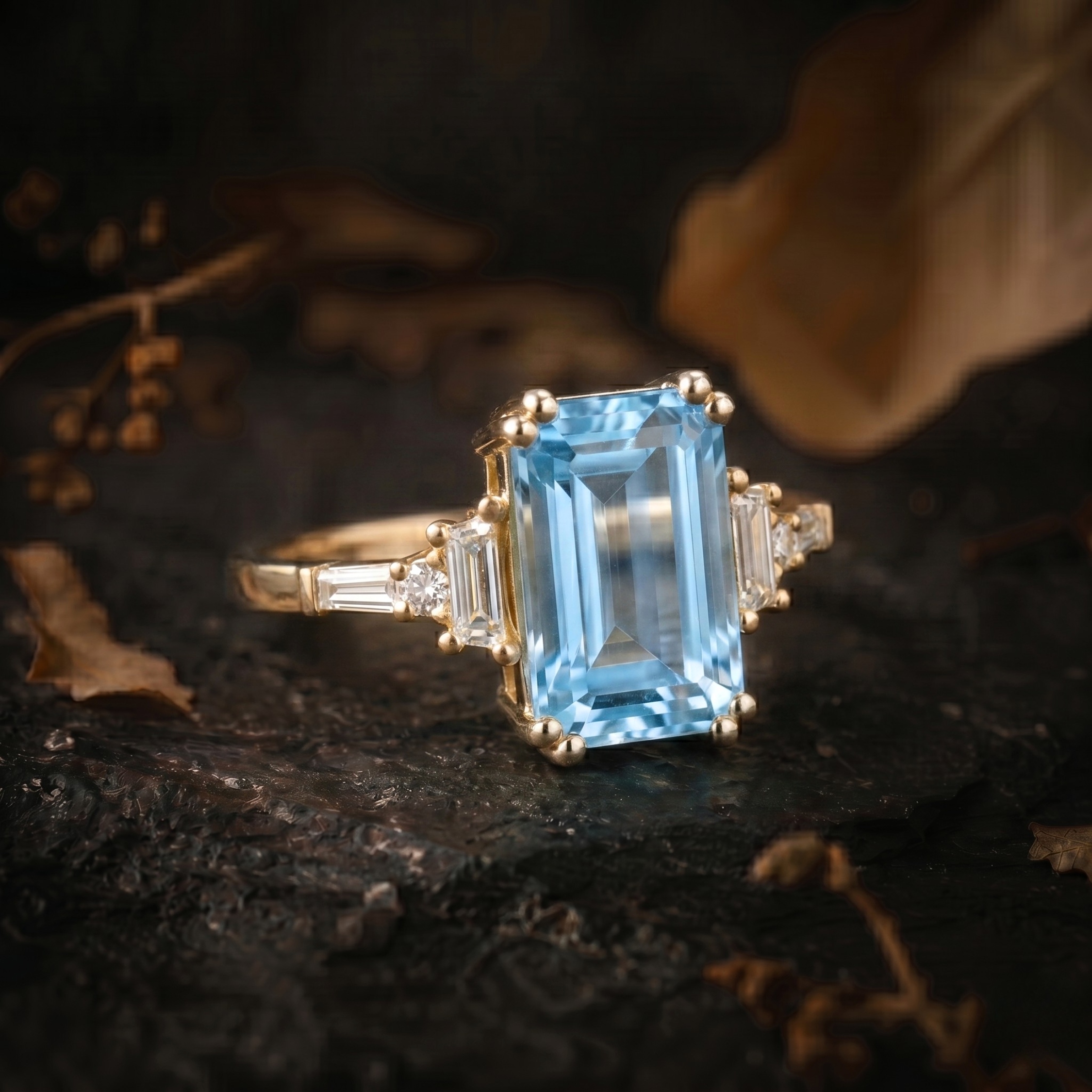 Vintage Emerald Cut Aquamarine Engagement Ring, 14k Gold Moissanite Ring, Unique March Birthstone Jewelry, Anniversary Birthday gift for her