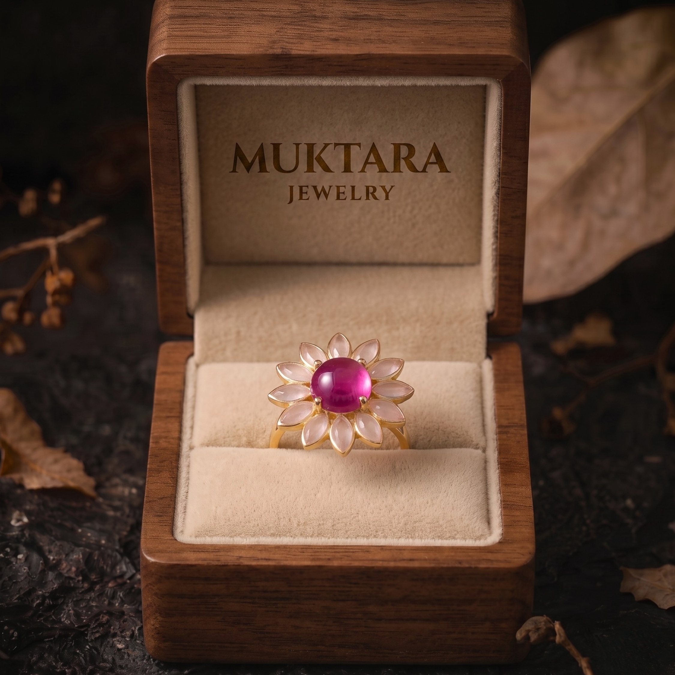 Natural Sapphire Quartz Flower Halo Ring/Pear Rose Quartz Engagement Ring/Handmade Art Deco Pink Sapphire Nature Inspired Fine Gift For Her