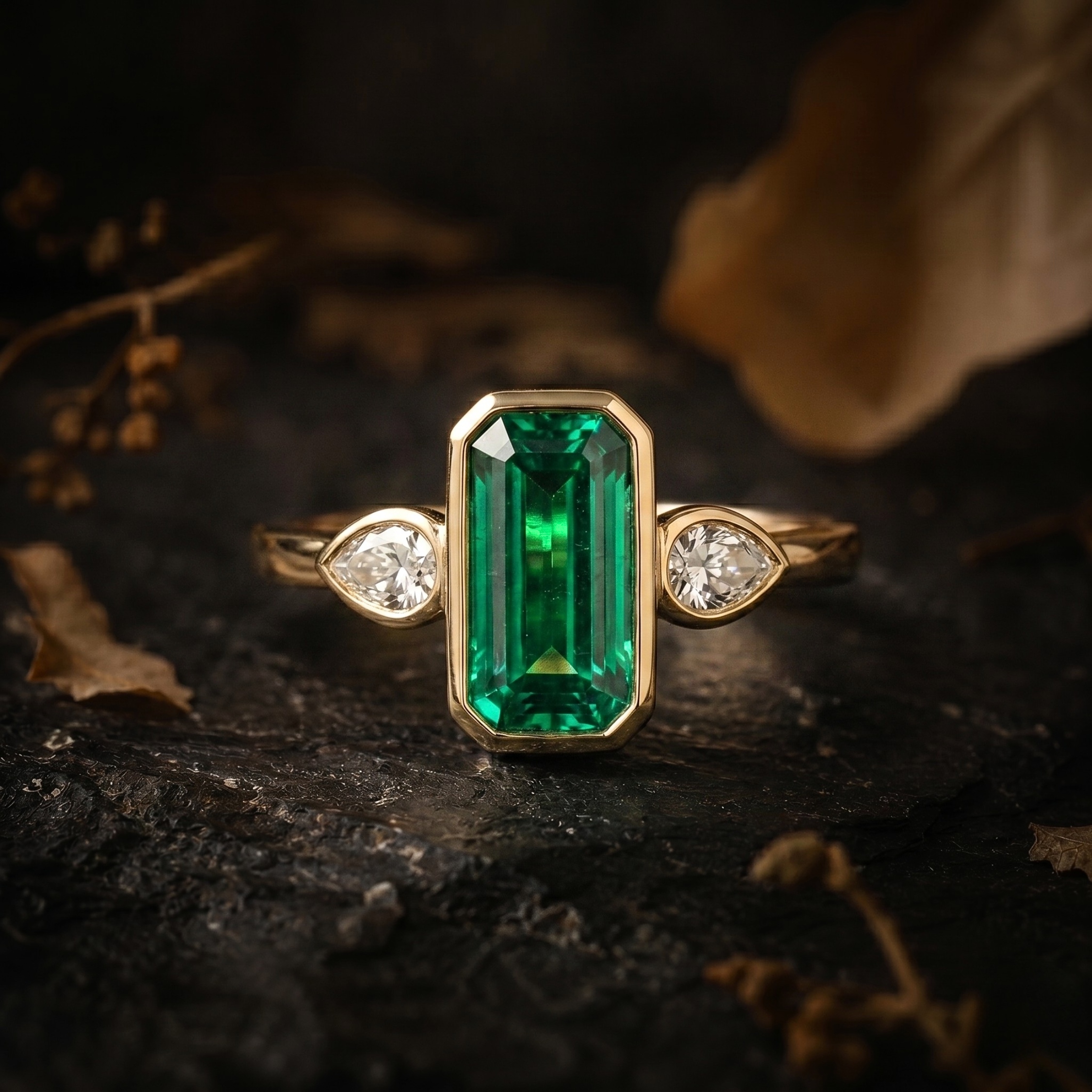 Genuine Emerald Cut Emerald Engagement Ring, 3 Stone Promise Bridal Moissanite Emerald Statement Jewelry, Anniversary Birthday gift for her