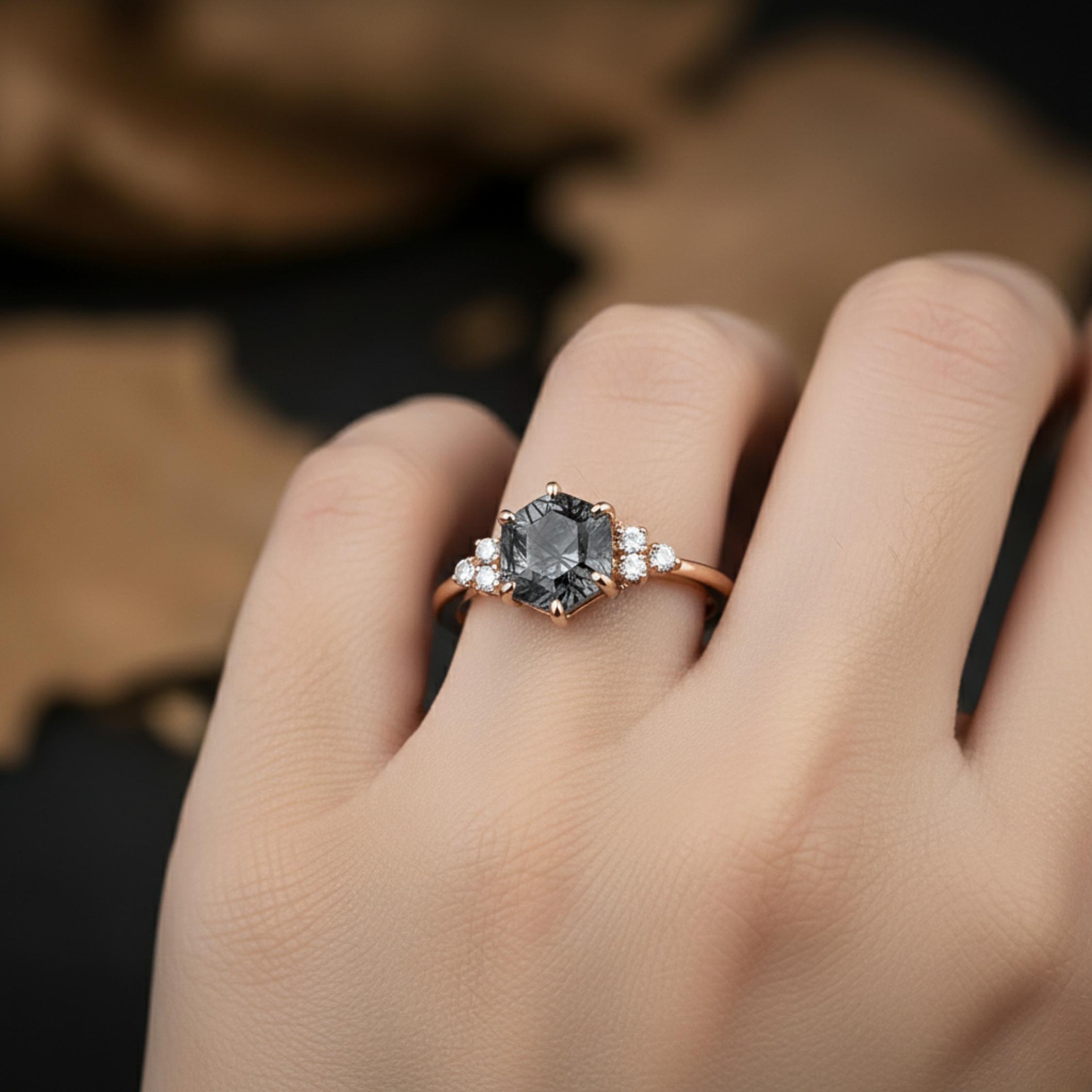 Hexagon Natural Black Rutile Quartz Gemstone Engagement Ring, Beautiful Rose Gold Anniversary Bridal Ring, Solitaire Women Promise Ring Gift