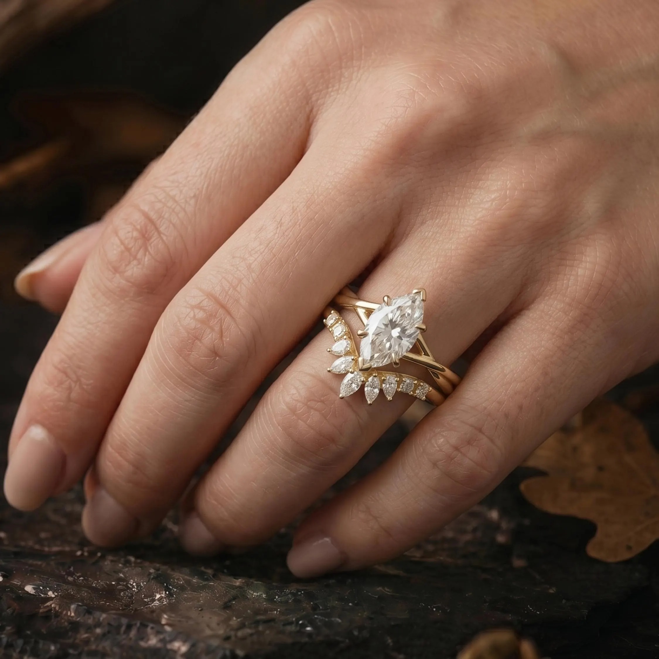 Marquise Moissanite Engagement Ring Set, Twisted Band Diamond Wedding Ring Set, Promise Ring for Woman, 14K Solid Gold Anniversary Ring Set