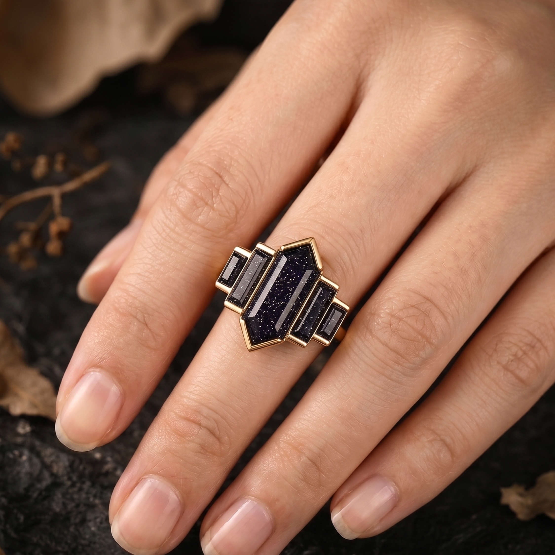 Vintage Hexagon Cut Blue Galaxy Sandstone Ring, Women’s Nebula Engagement Ring, Baguette Cut Galaxy Wedding Promise Ring, Anniversary Gift