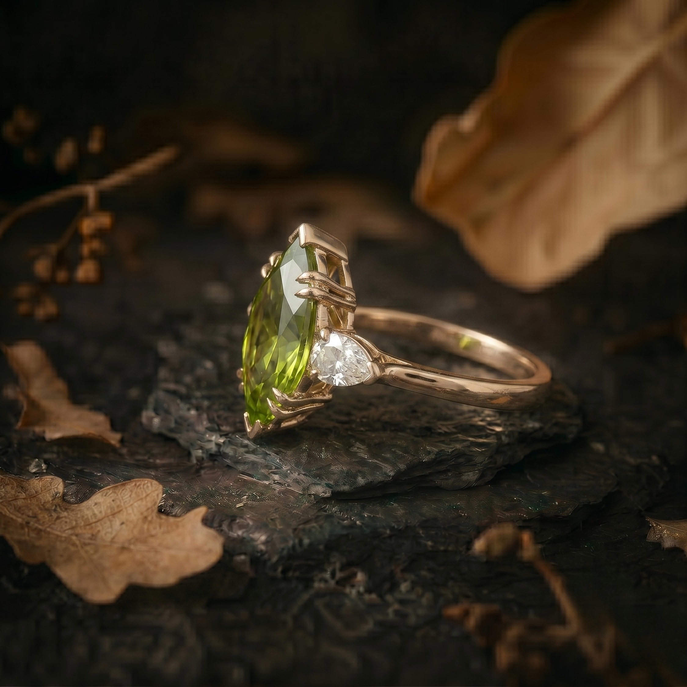 Marquise Cut Peridot Solitaire Engagement Ring, Moissanite Wedding Band, August Birthstone 14k Gold Art Deco Green Gemstone Gift For Mother