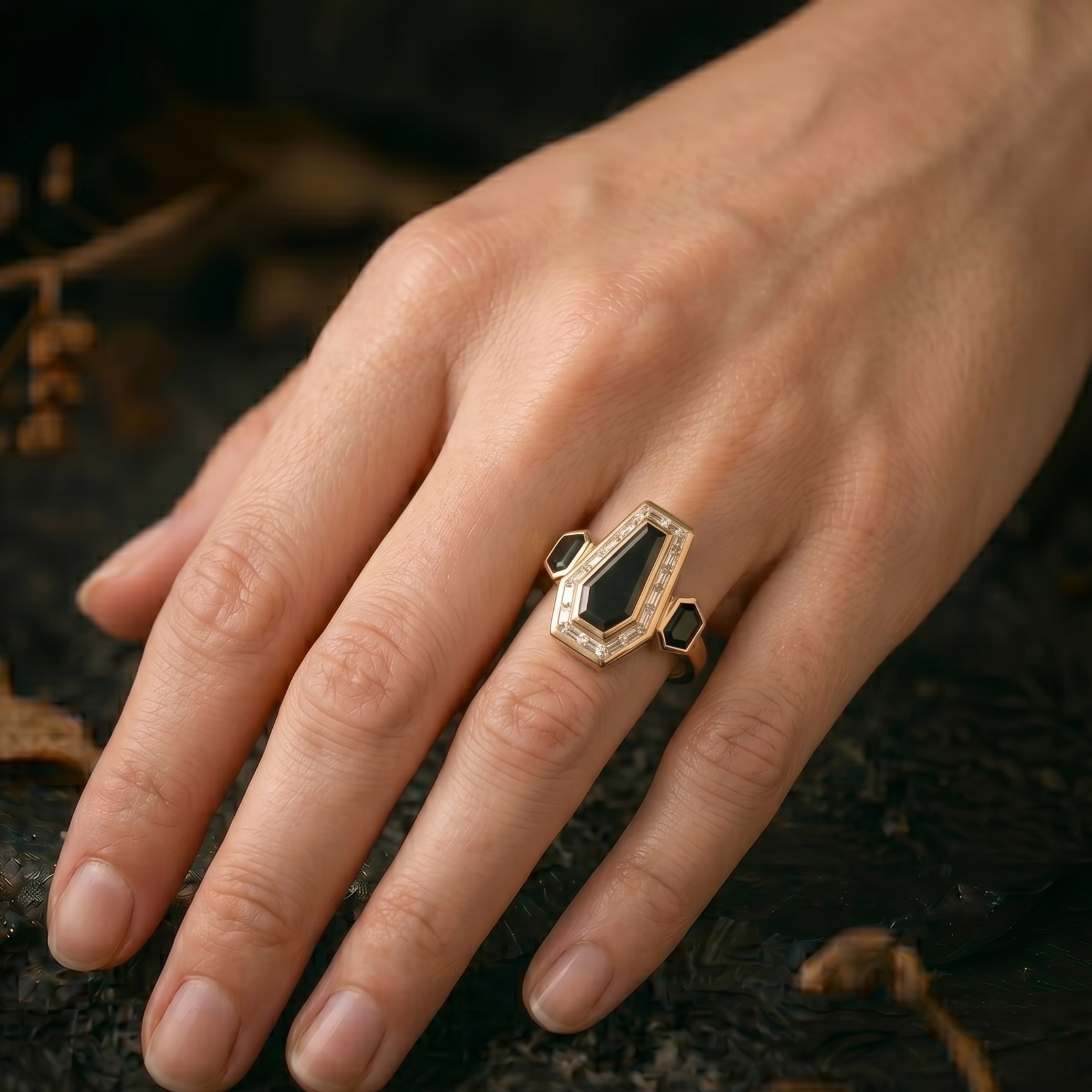 Vintage Art Deco Coffin Cut Black Onyx & Moissanite Cluster Ring, Unique Promise Statement Jewelry, 14K Gold Black Jewelry, Anniversary Gift