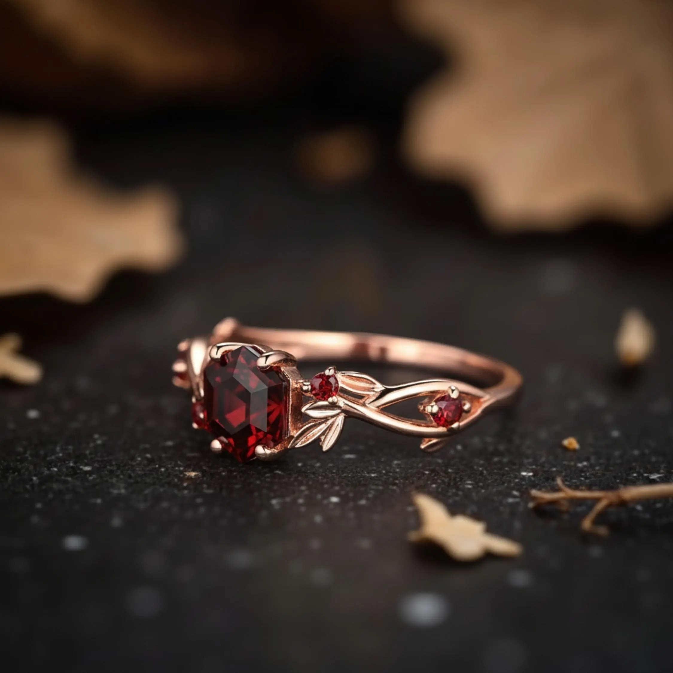 Hexagon Cut Garnet Engagement Ring, Nature Inspired Unique Fairytale Gold Wedding Ring, Green Tree Leaf Branch Twist Ring, Anniversary Gift
