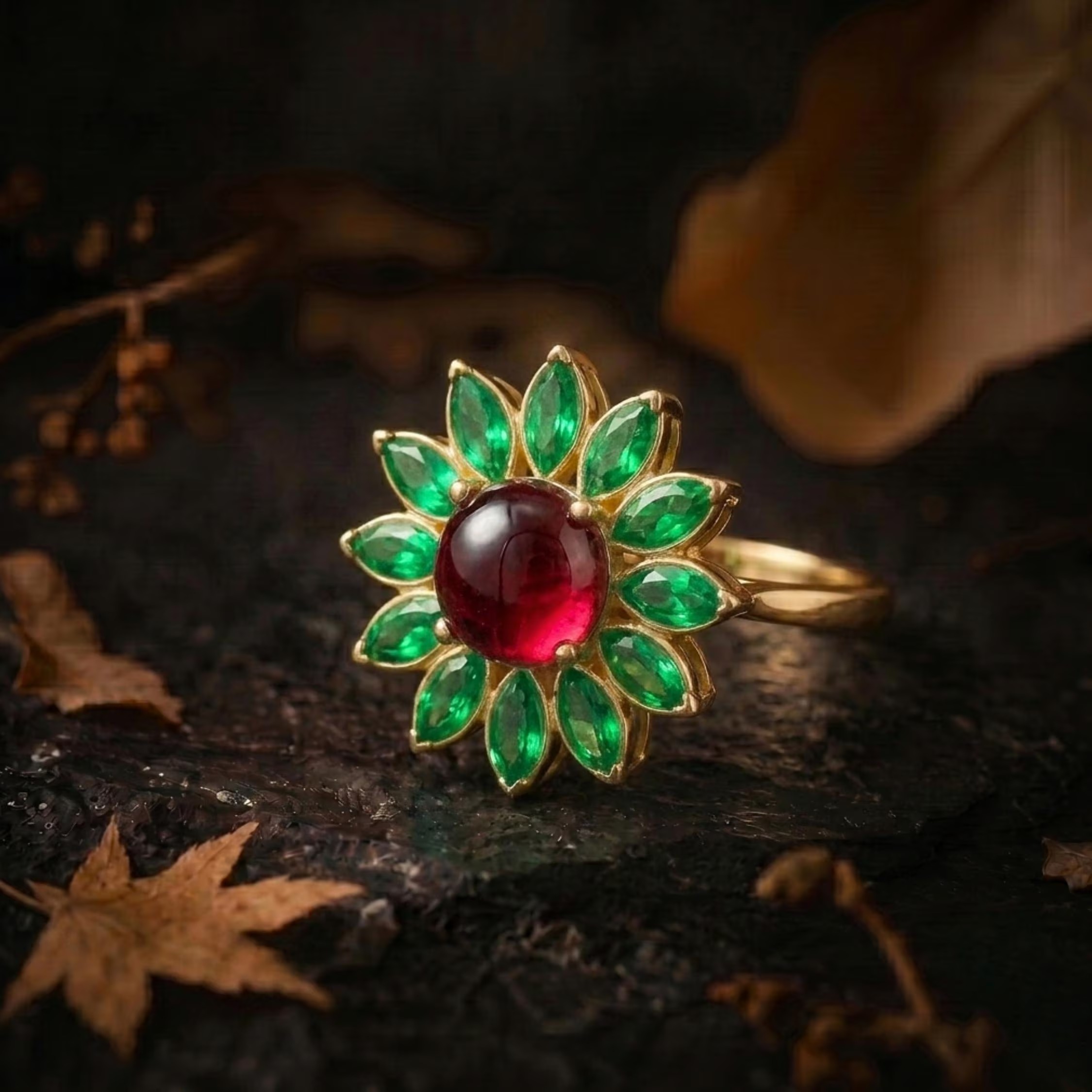 Unique Red Garnet Emerald Flower Halo Wedding Ring/Pear Emerald Engagement Ring/Vintage Art Deco Nature Inspired Bridal Jewelry Gift For Her