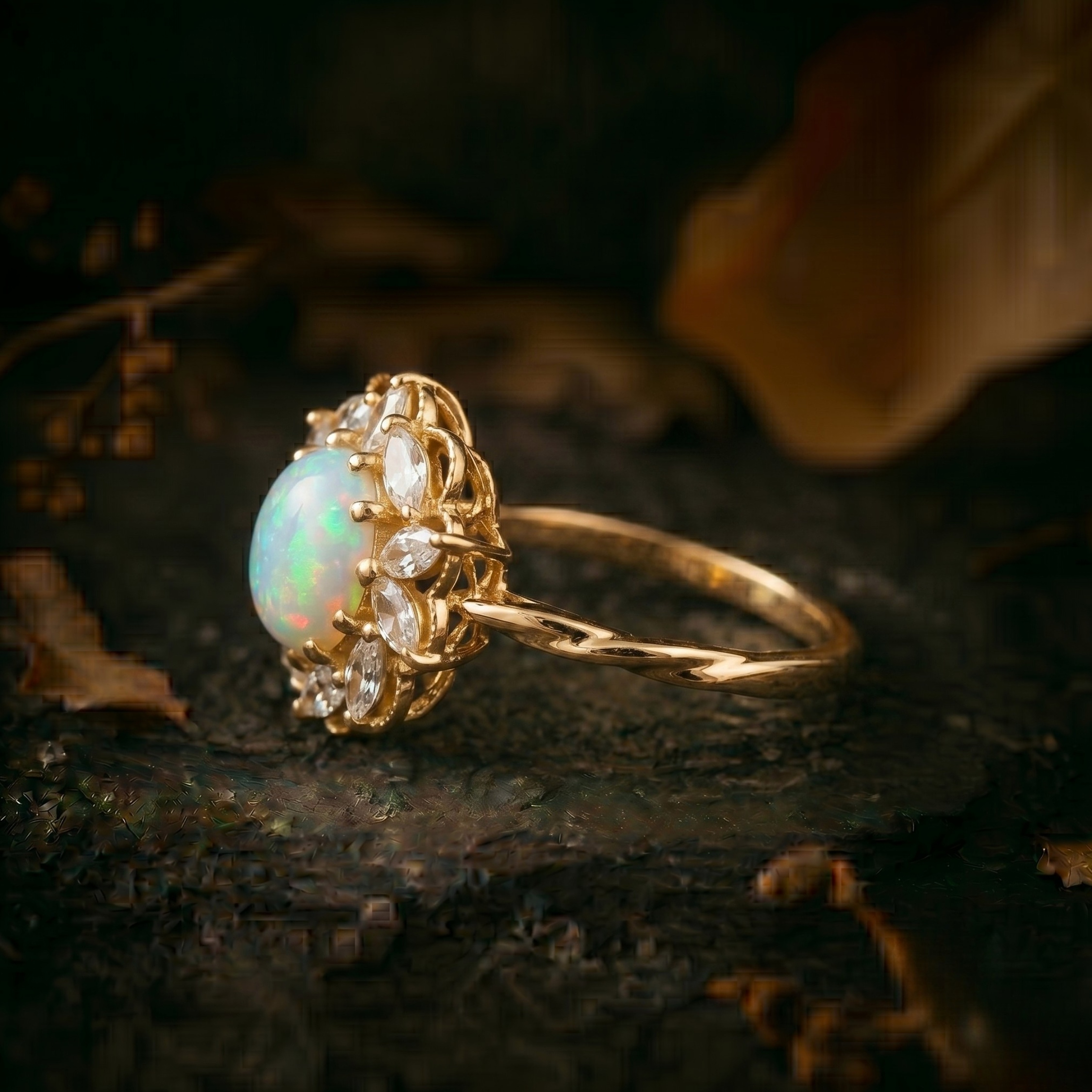 Unique Marquise Cut Flower Moissanite Engagement Ring, 14k White Opal Floral Promising Jewelry for Women, Oval Opal Anniversary Gift For Her