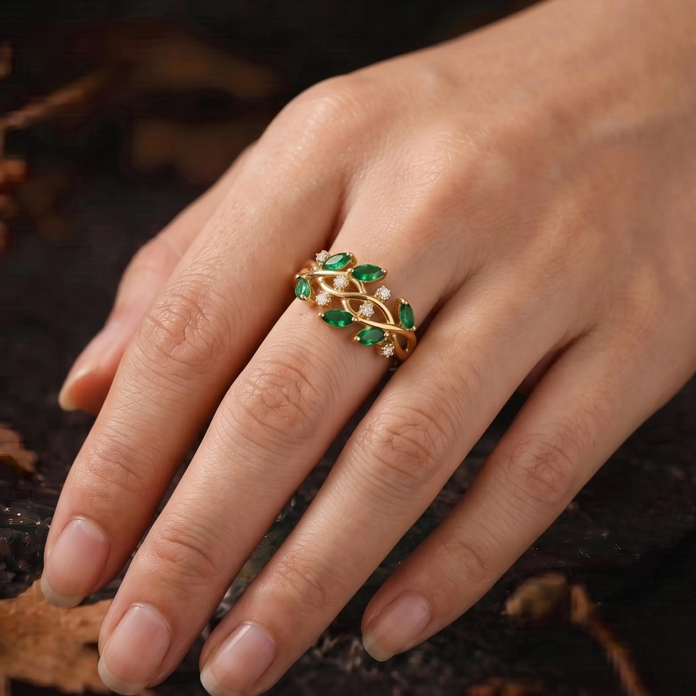 Unique Marquise Cut Emerald Engagement Ring/May Birthstone Nature Inspired Leaf Ring/Moissanite Promise Anniversary Birthday Gift For Women