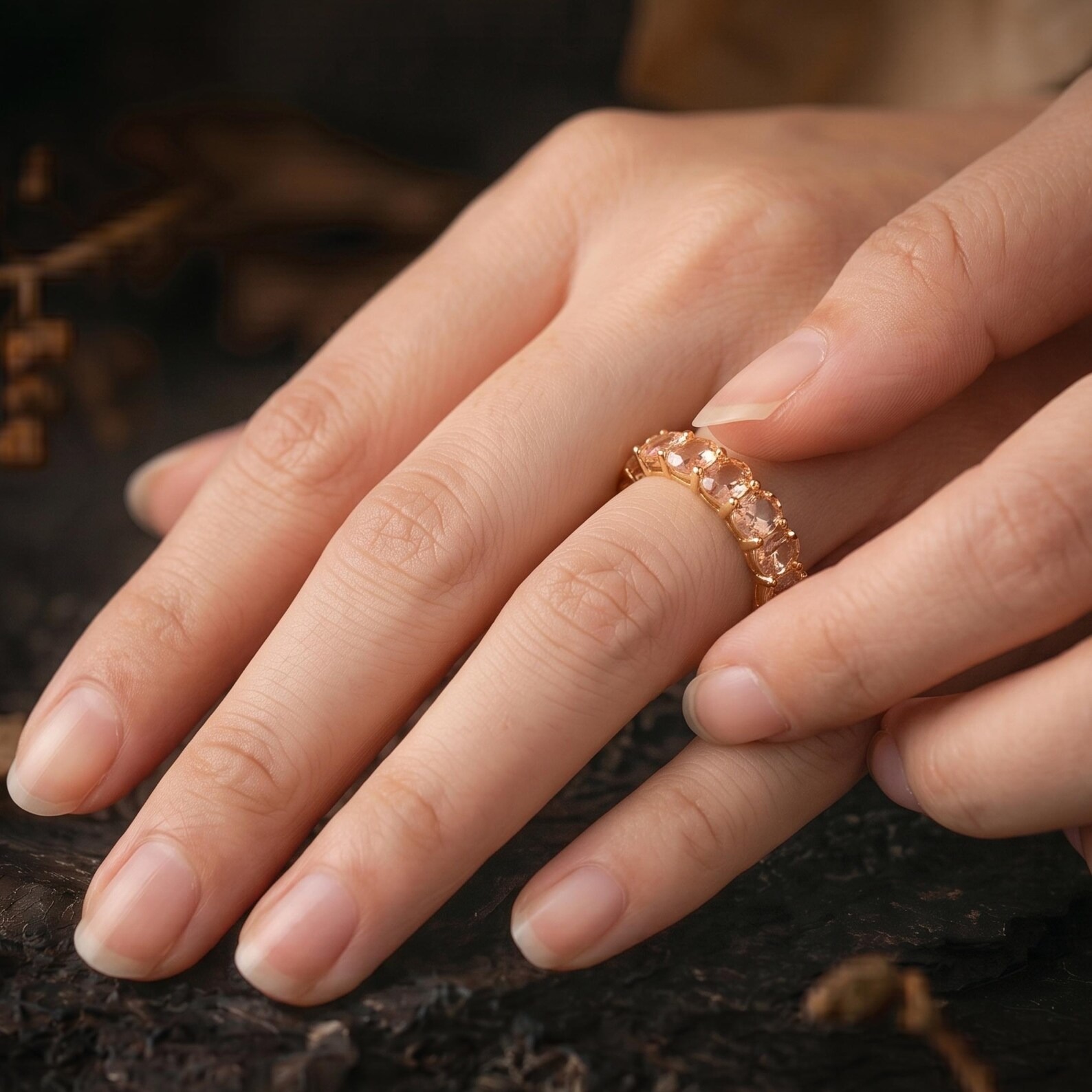 Genuine Oval Cut Morganite Engagement Ring, Modern Solitaire Morganite Full Eternity Wedding Band Vintage Inspired Anniversary Gift for Wife