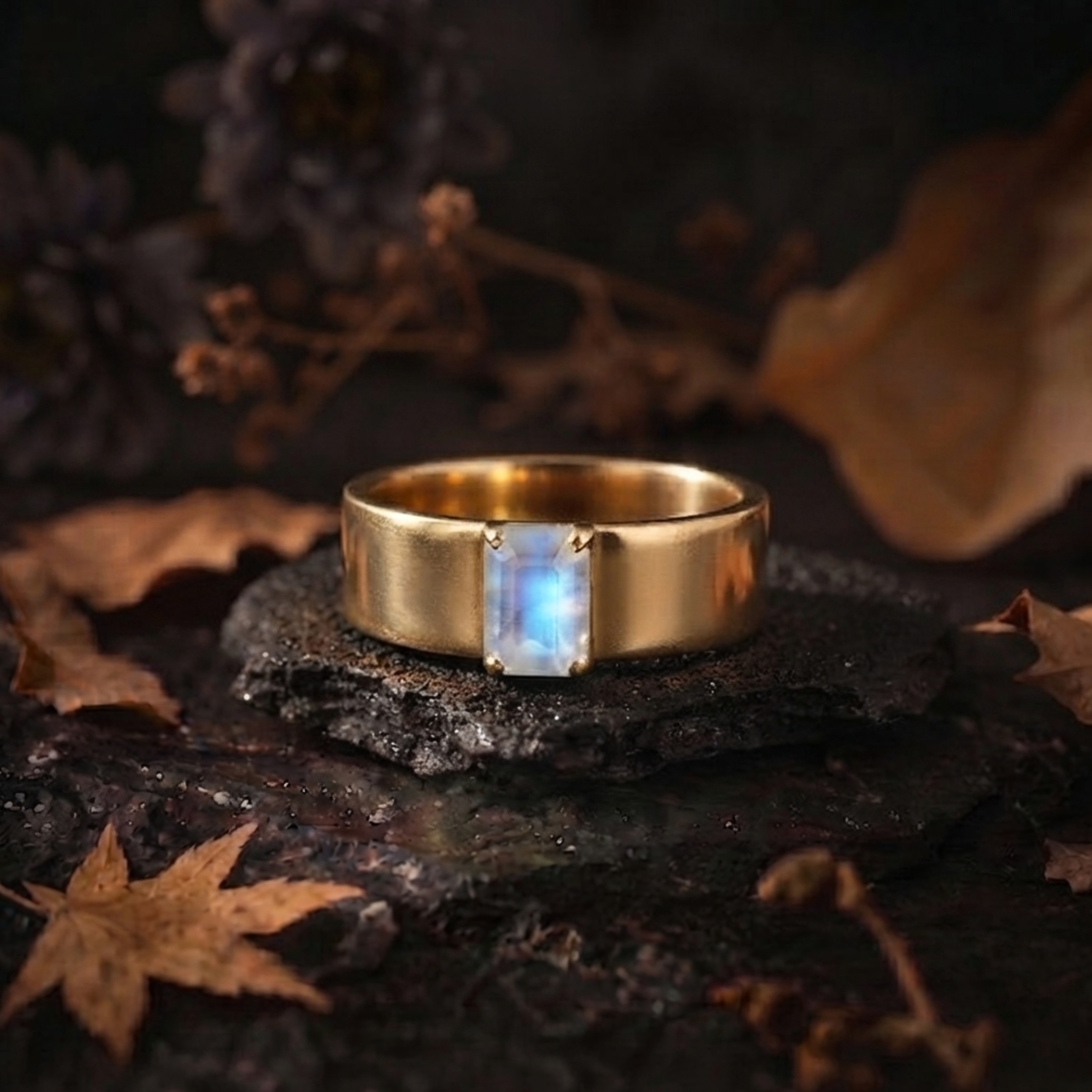 Rainbow Moonstone Emerald Cut Wedding Band, Bold Gold Men's Engagement Ring, Statement Unisex Heirloom Ring, Single Stone Ring Gift For Him