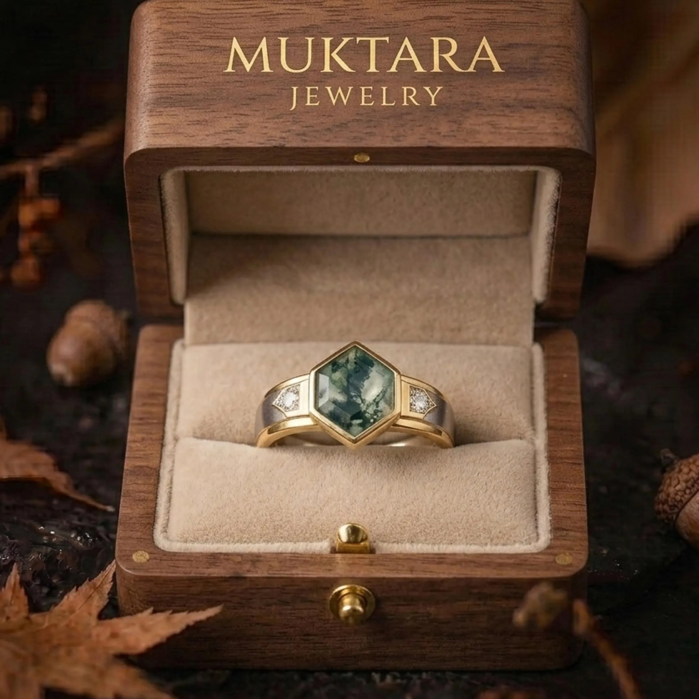 Unique Vintage Bezel Setting Moss Agate Ring, Solid Gold Silver Wedding Wide Band Ring, Hexagon Cut Green Agate Men Gold Ring, Gift For Him