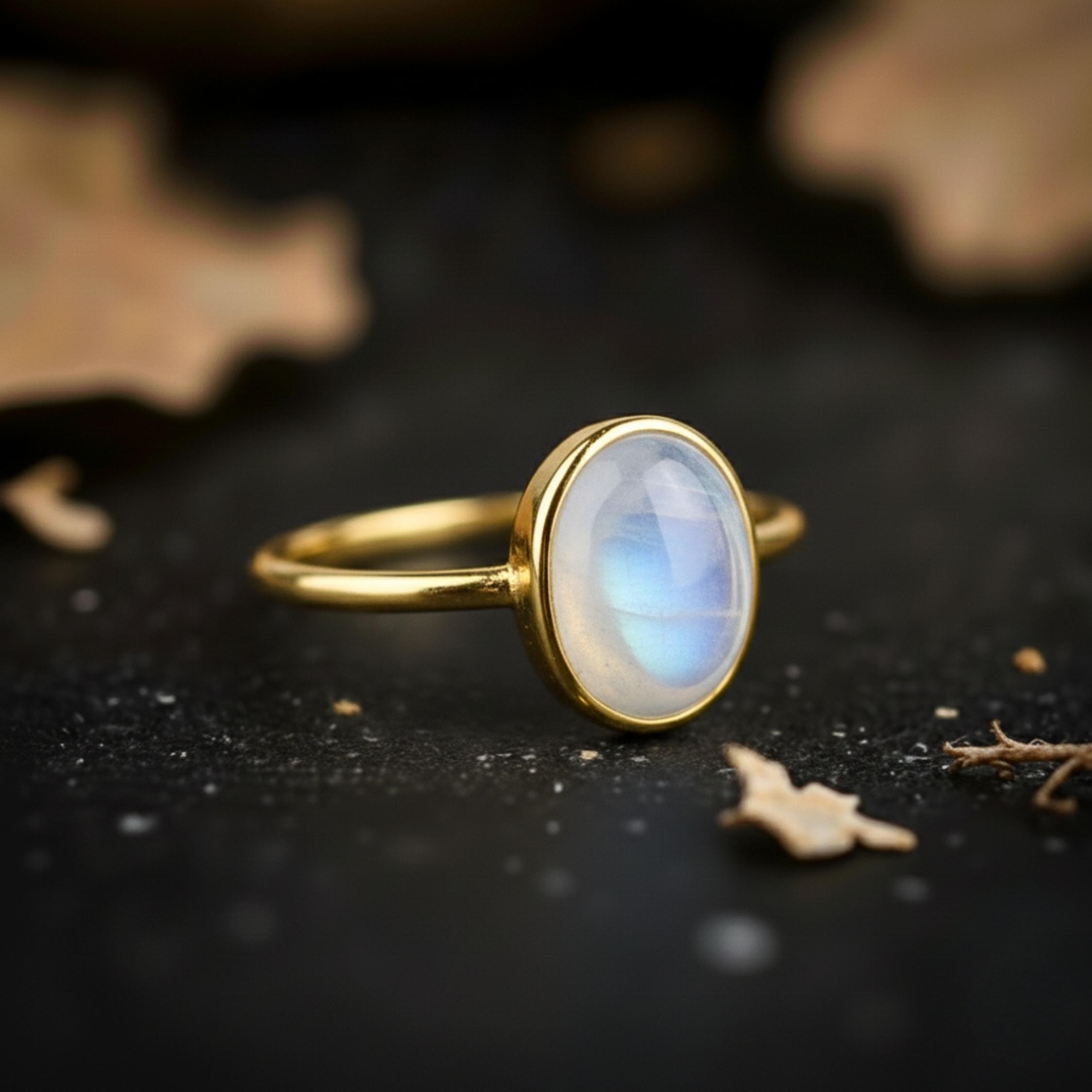 Oval Cut Moonstone Engagement Ring, 14k Gold June Birthstone Ring, Rainbow Moonstone Bridal Jewelry, Minimalist Dainty Ring Anniversary Gift