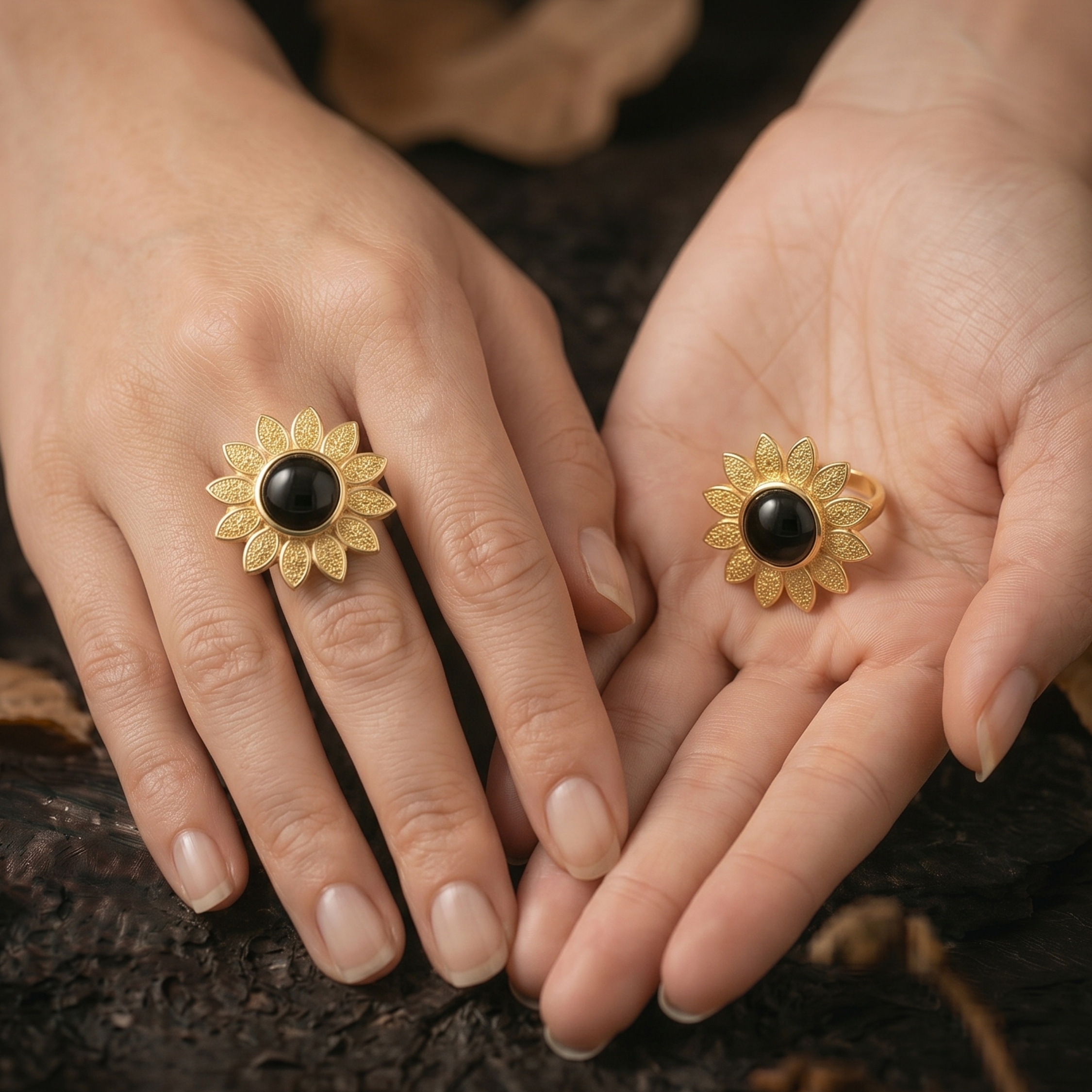 Vintage Black Onyx Diamond Flower Gold Ring, Sunflower Inspired Boho Statement Jewelry, Yellow Diamond Floral Halo Spring Summer Trend Ring