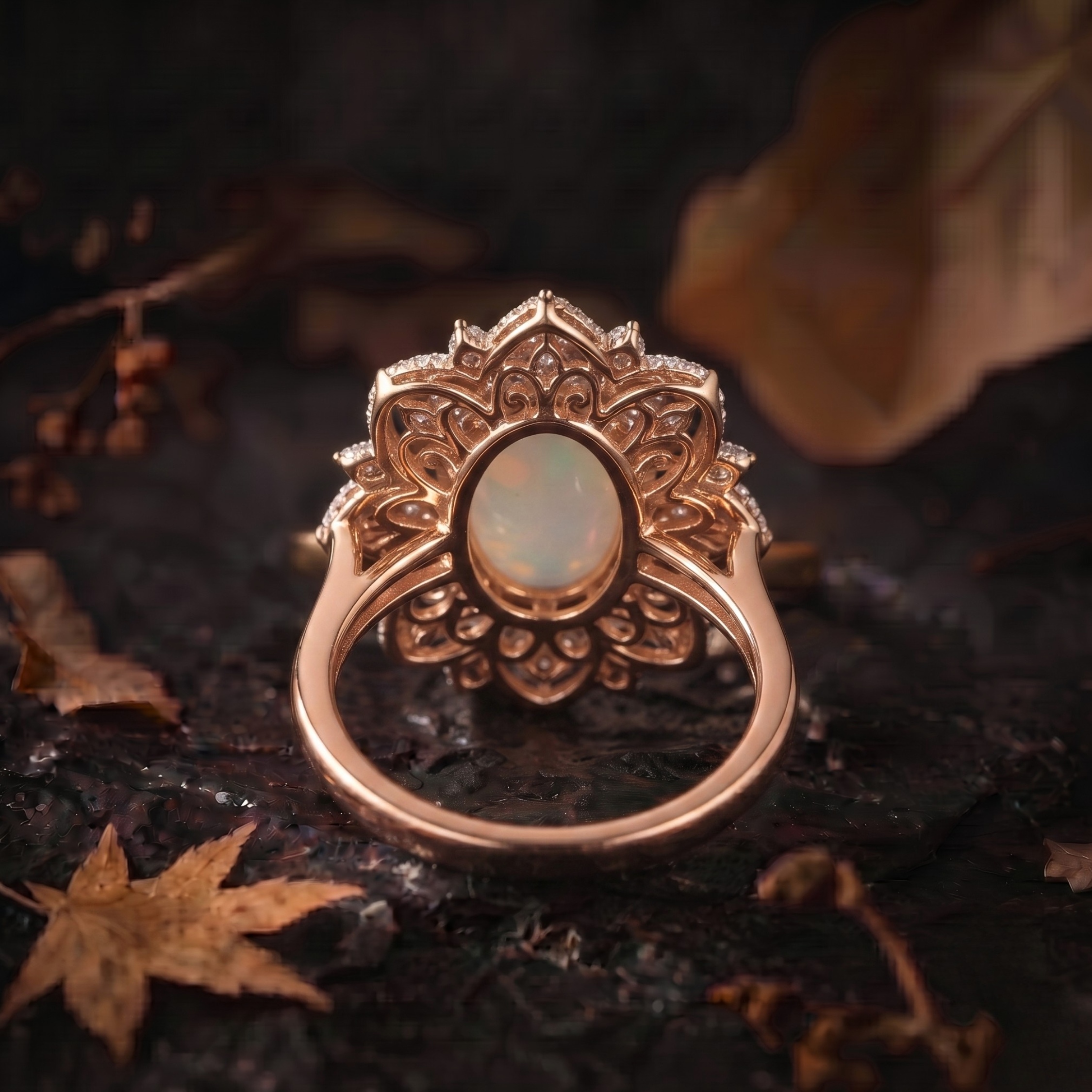 Unique Oval Cut White Opal Moissanite Engagement Ring, 14k White Opal Promise Wedding Ring for Women, Oval Opal Nature Inspired Ring Gift