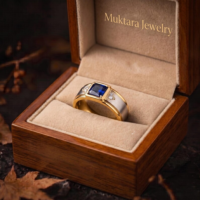 Vintage Art Deco Square Cut Blue Sapphire Moissanite Engagement Ring, Unique Gold Silver Men Ring Retro Moissanite Wedding Ring Gift For Him