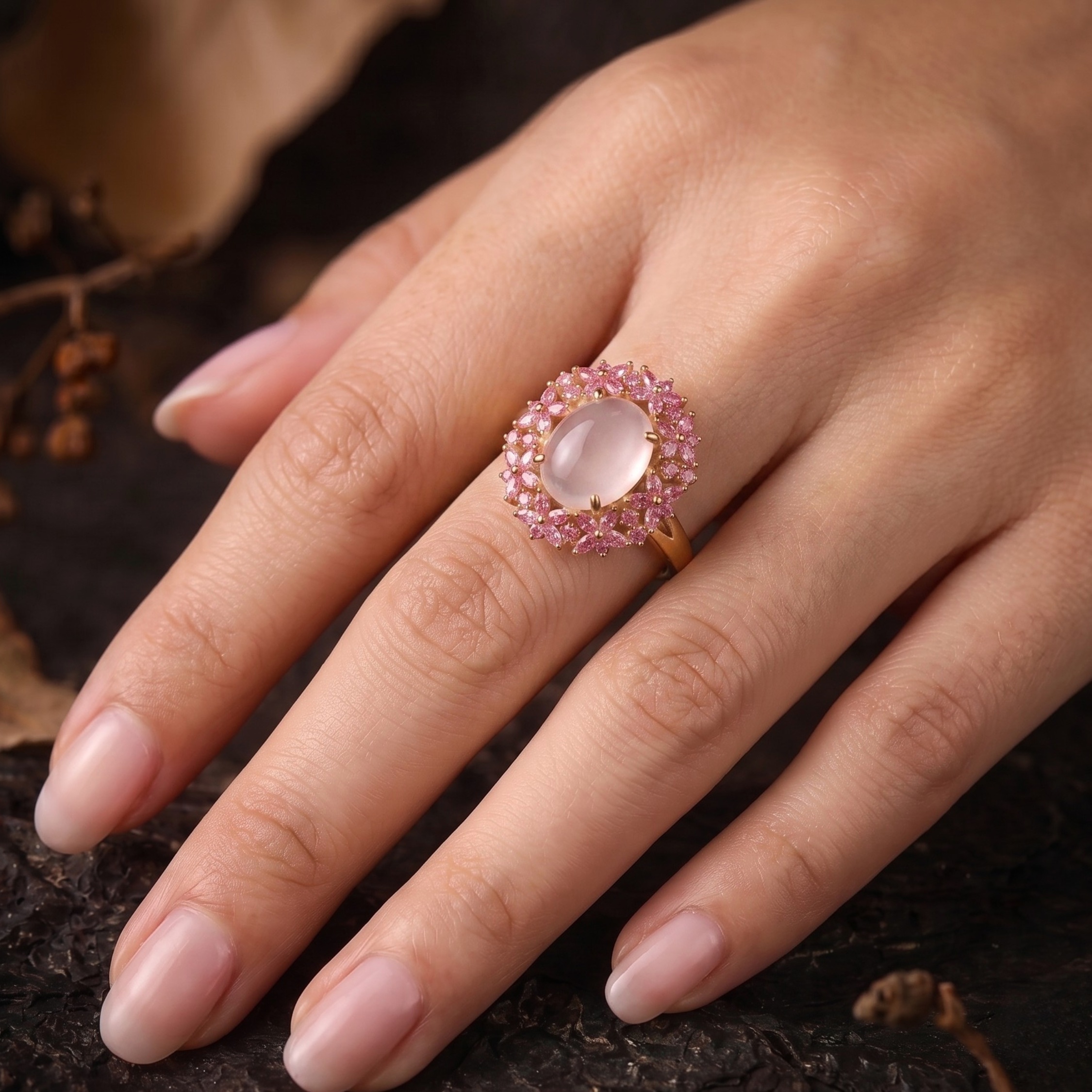Unique Marquise Cut Flower Pink Sapphire Engagement Ring, Rose Quartz Floral Twist Promise Ring, Pink Gemstone, Leaf Design Nature Ring Gift