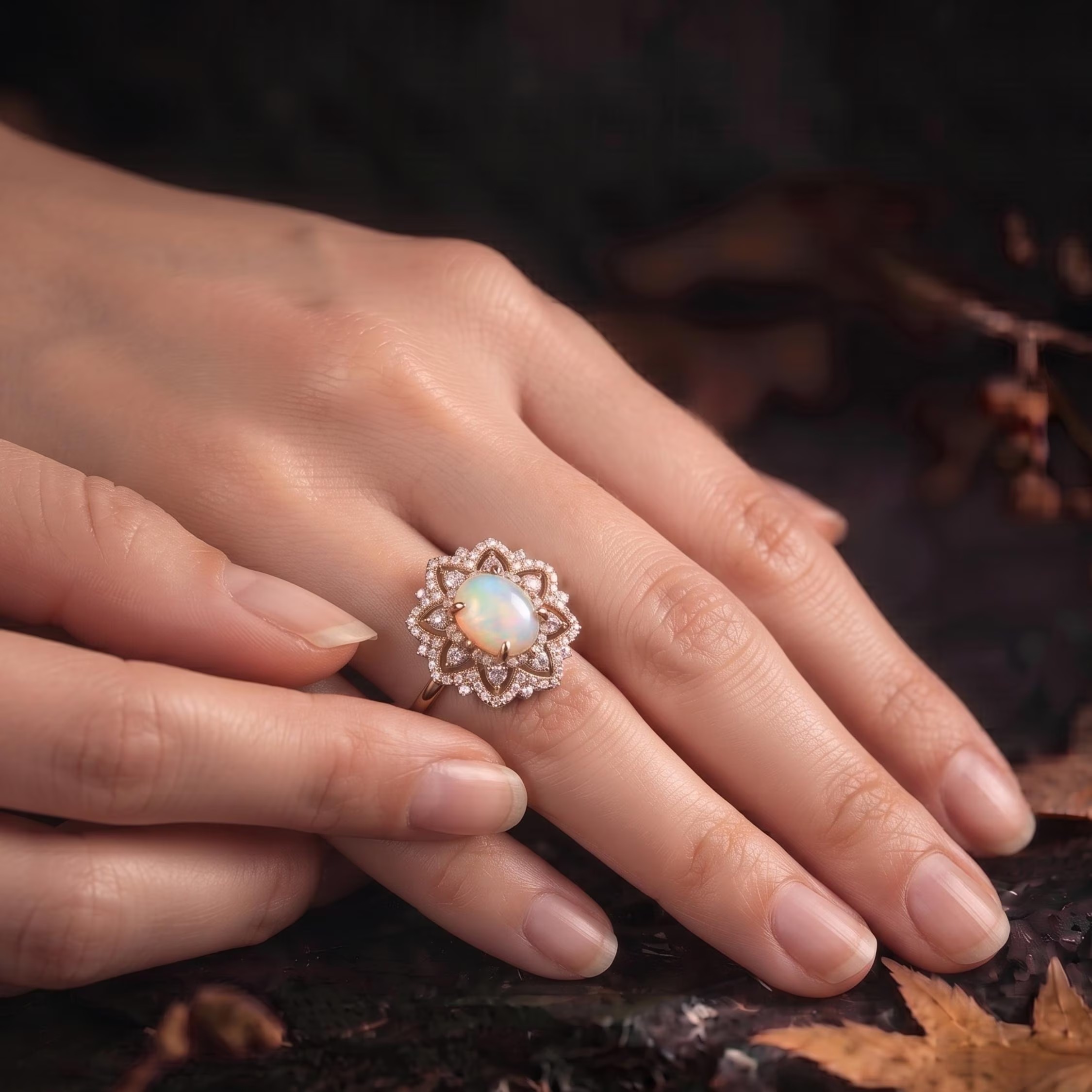 Unique Oval Cut White Opal Moissanite Engagement Ring, 14k White Opal Promise Wedding Ring for Women, Oval Opal Nature Inspired Ring Gift