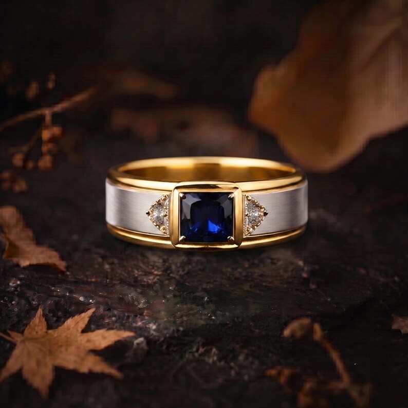 Vintage Art Deco Square Cut Blue Sapphire Moissanite Engagement Ring, Unique Gold Silver Men Ring Retro Moissanite Wedding Ring Gift For Him