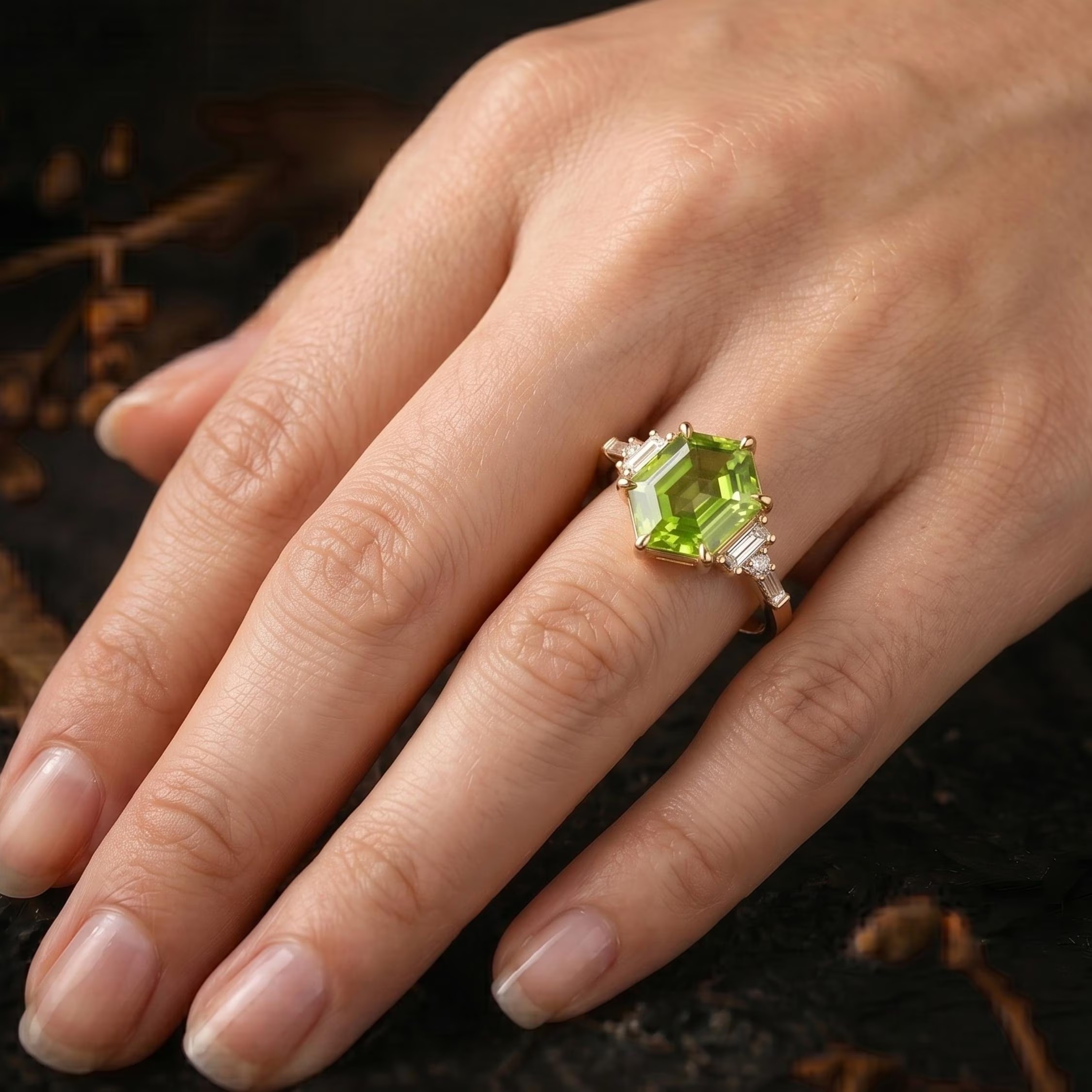 Hexagon Cut Peridot Moissanite Solitaire Engagement Ring, Moissanite Wedding Band, August Birthstone 14k Gold Art Deco Green Gemstone Gift