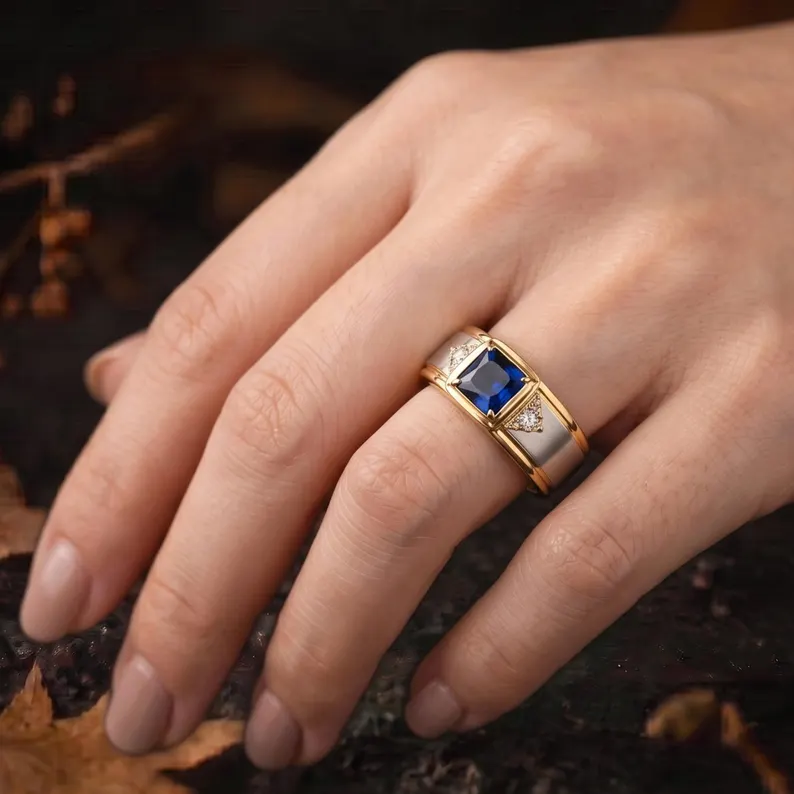 Vintage Art Deco Square Cut Blue Sapphire Moissanite Engagement Ring, Unique Gold Silver Men Ring Retro Moissanite Wedding Ring Gift For Him