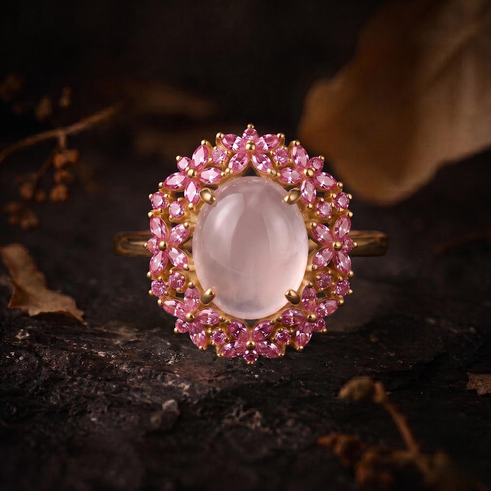 Unique Marquise Cut Flower Pink Sapphire Engagement Ring, Rose Quartz Floral Twist Promise Ring, Pink Gemstone, Leaf Design Nature Ring Gift